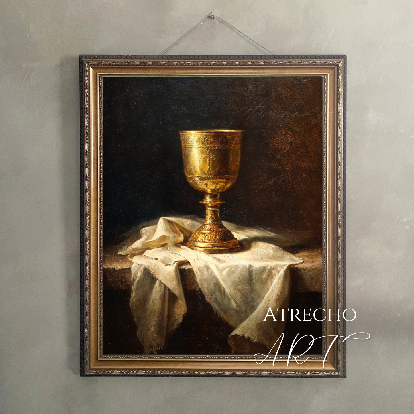 Framed golden chalice print hung flush on a moody wall, dramatic chiaroscuro Spanish Baroque still life by Atrecho Art