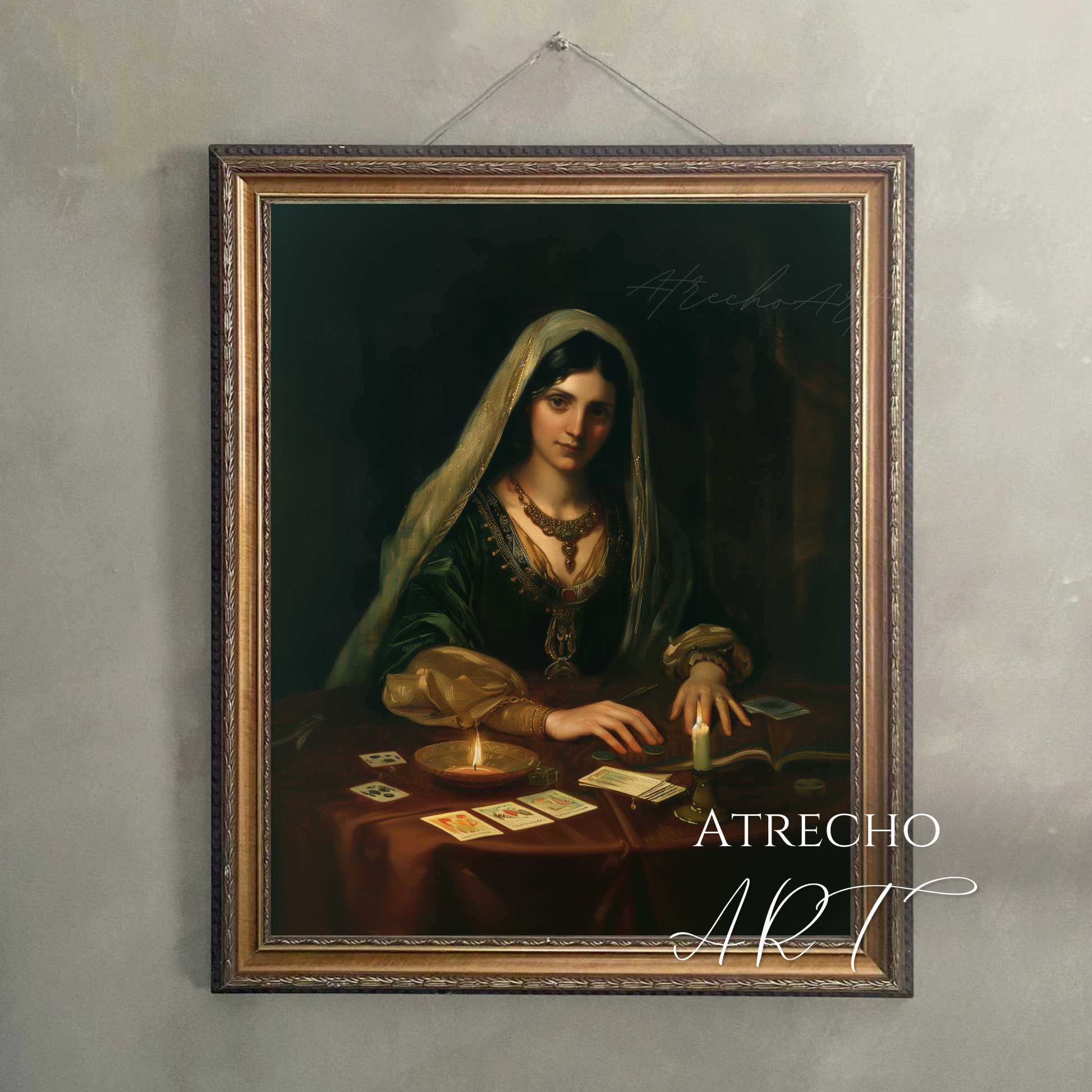 Fortune teller portrait artwork in candlelit baroque style, mystical dark cottagecore wall art for bohemian home decor