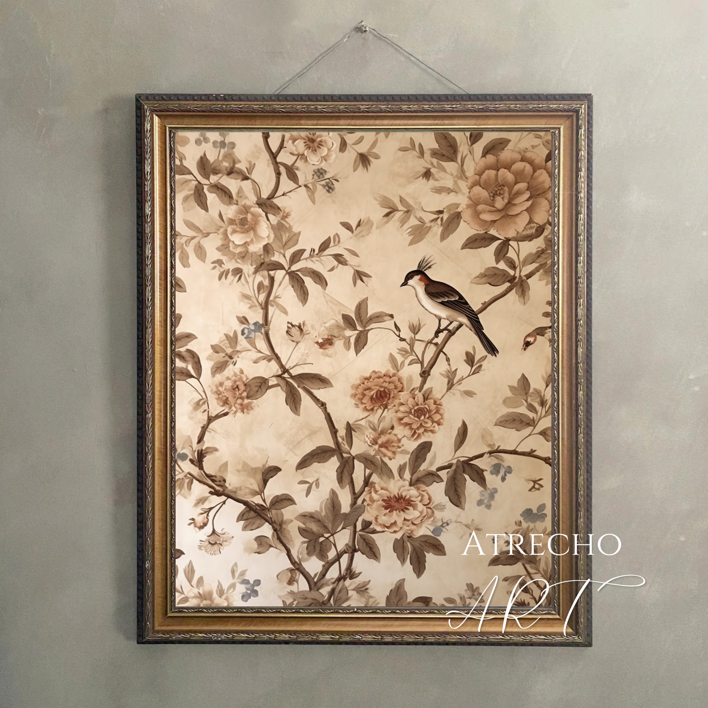 Vintage Floral Bird Textile Art Print | Printed Artwork | TE20