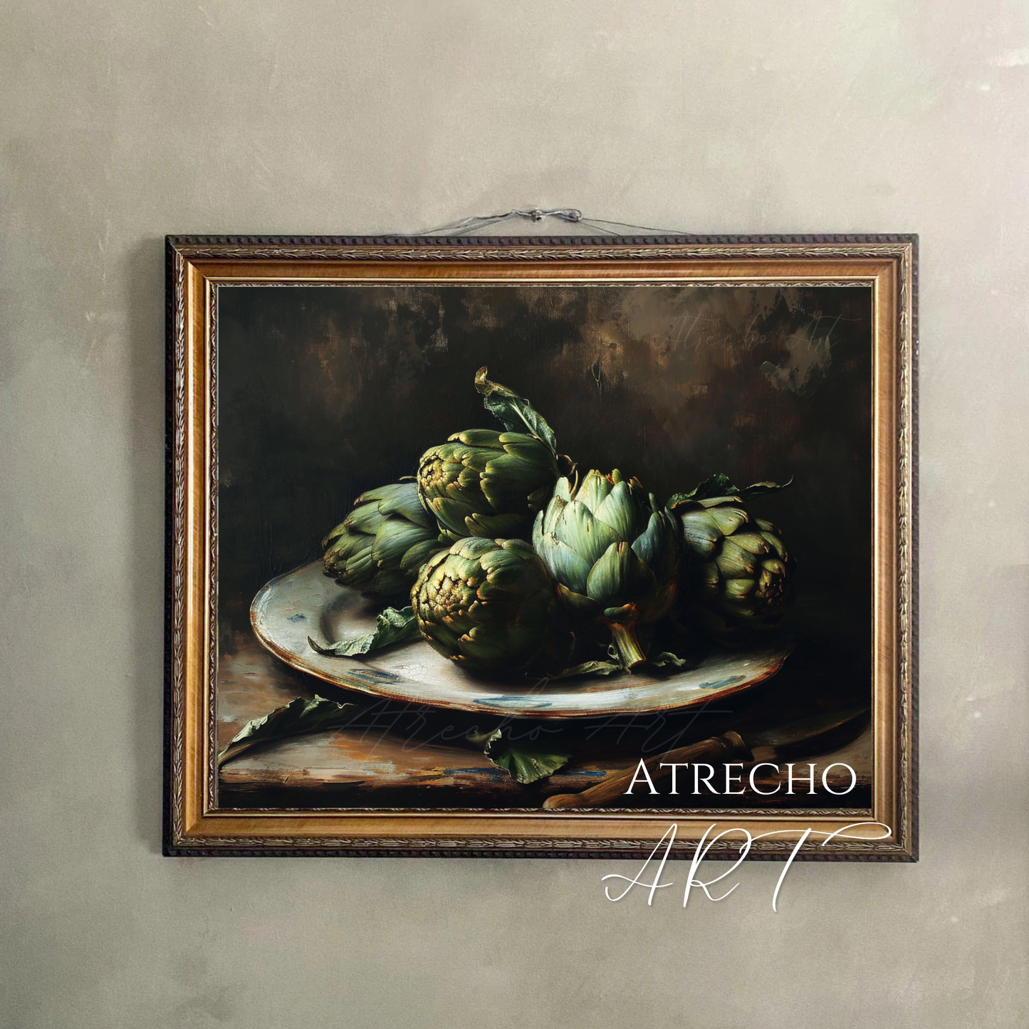 Vintage artichoke still life art print showing fresh green artichokes with one white flower on weathered ceramic plate against dark background