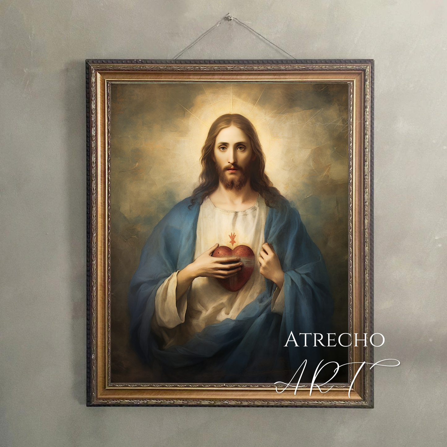 Sacred Heart of Jesus print showing Christ in blue robes with glowing sacred heart, golden halo and divine light for Catholic religious wall art