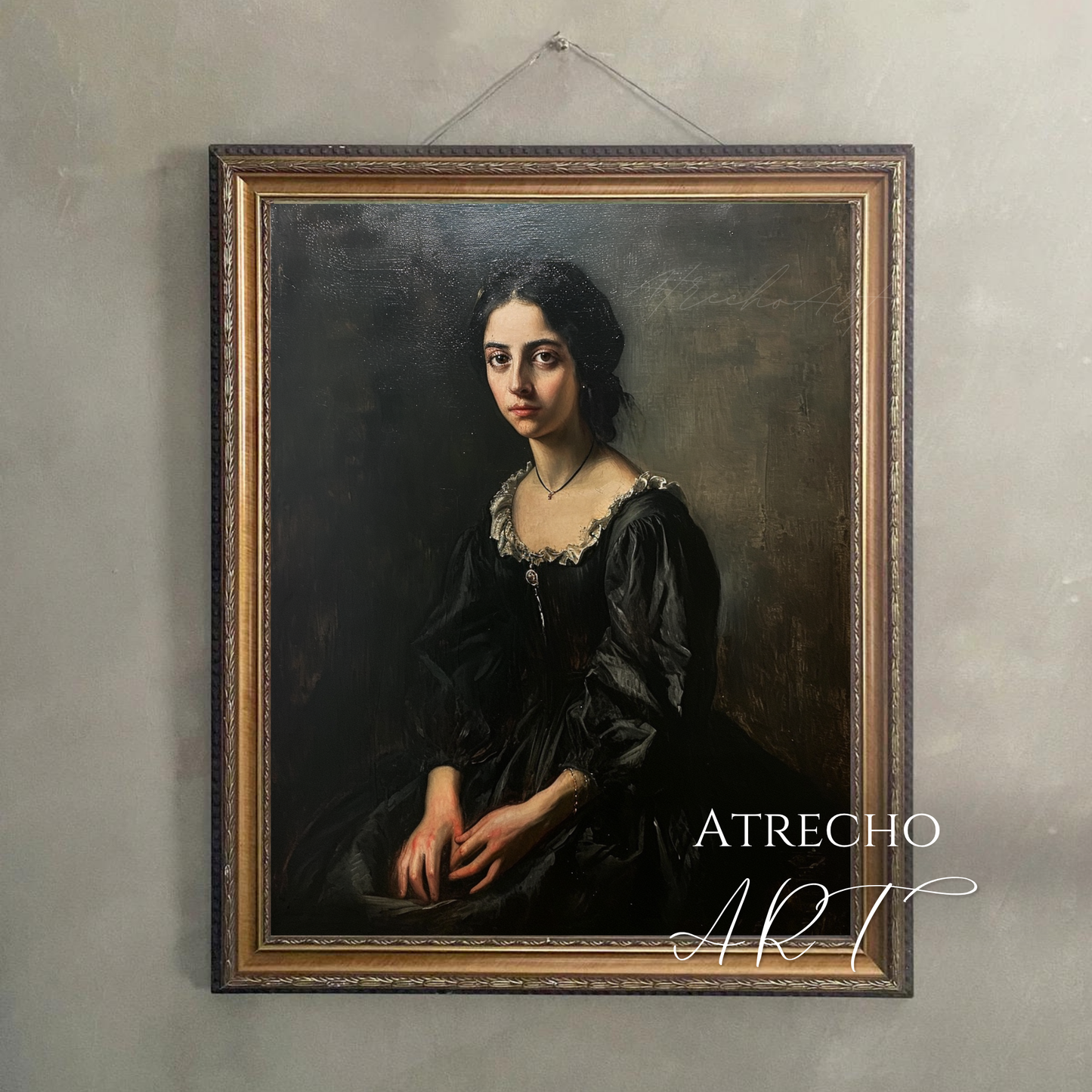 Elena witchcore portrait print featuring a Victorian woman in black dress with contemplative gaze against dark moody background classical European painting style