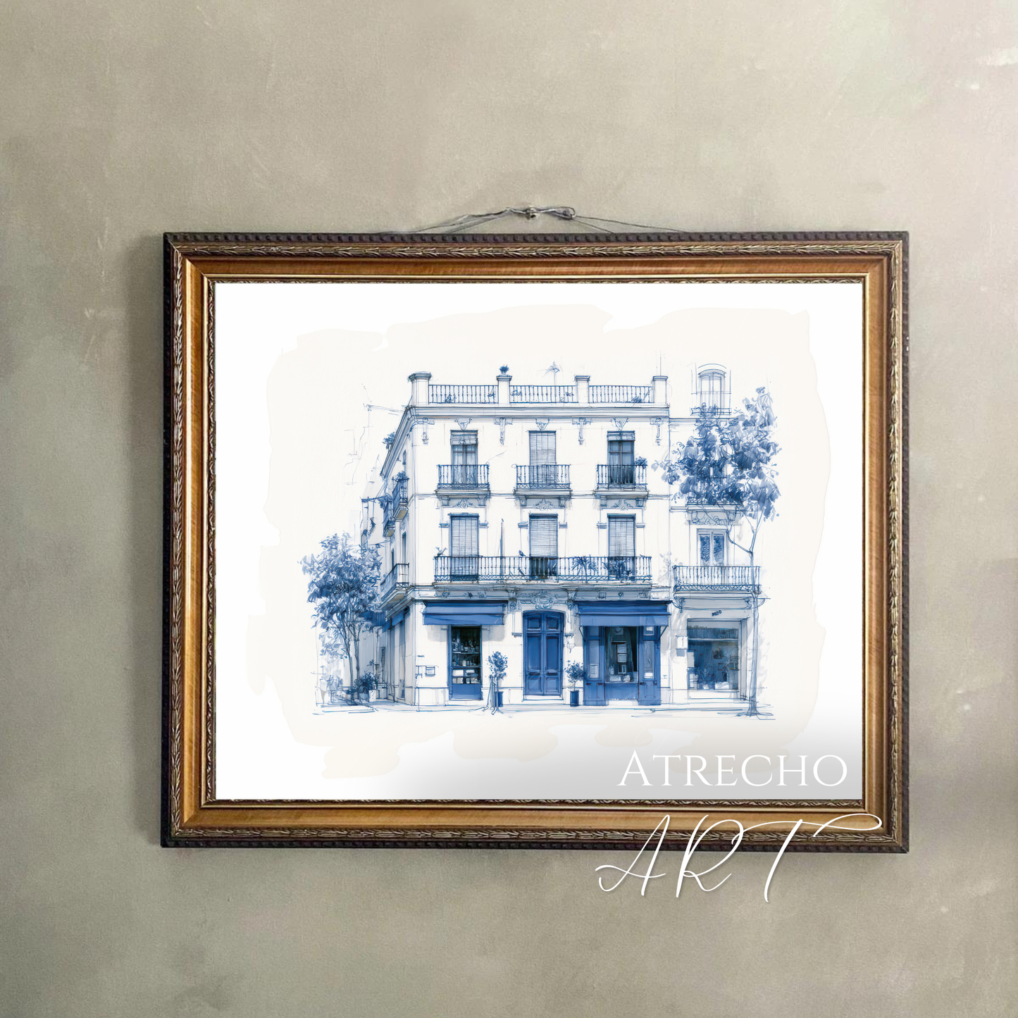 Framed corner townhouse sketch hung flush on a neutral wall, blue-on-cream print ready for a gallery wall by Atrecho Art