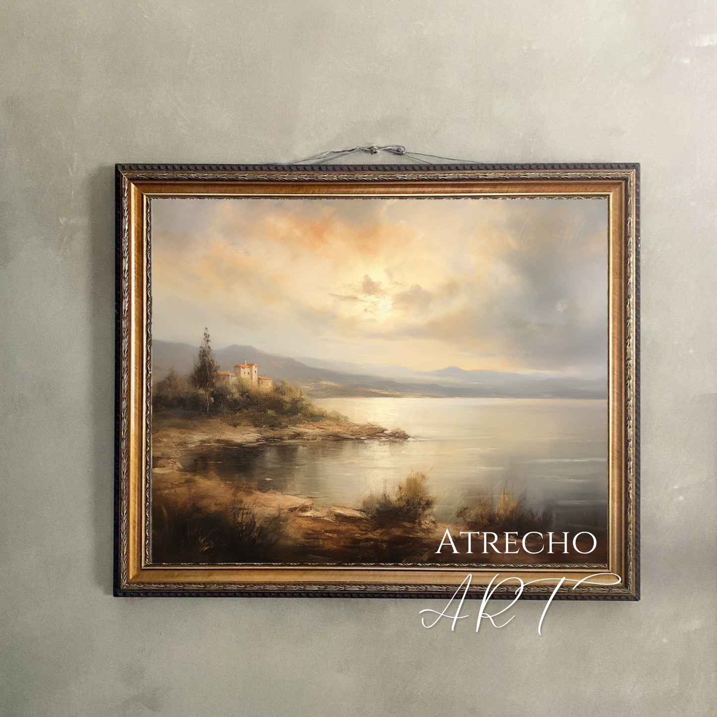 Vintage atmospheric lake landscape print with golden hour lighting and misty romantic scenery for light academia decor