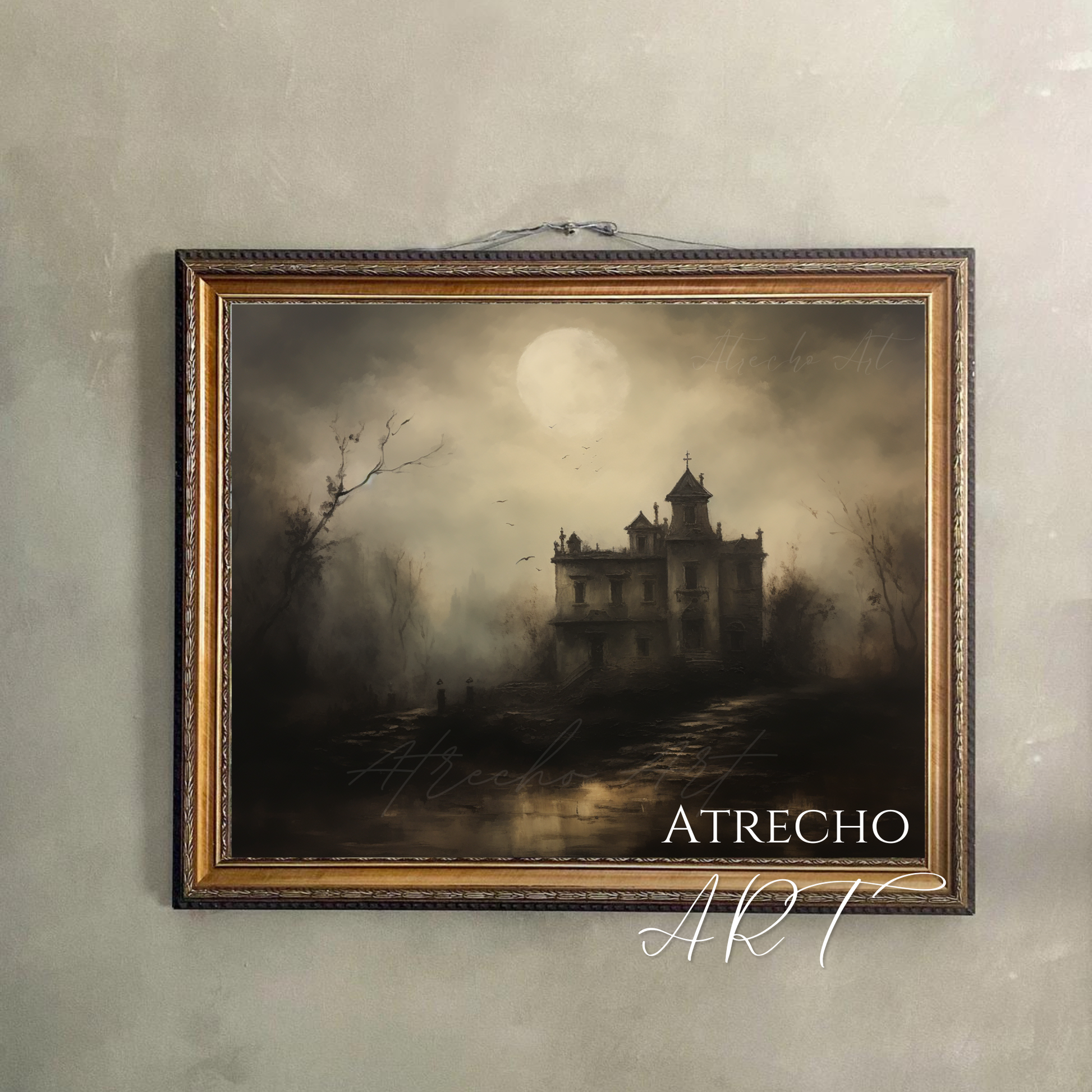 Haunted house nocturne print hung flush on a neutral wall, moonlit gothic manor for a seasonal gallery wall, by Atrecho Art