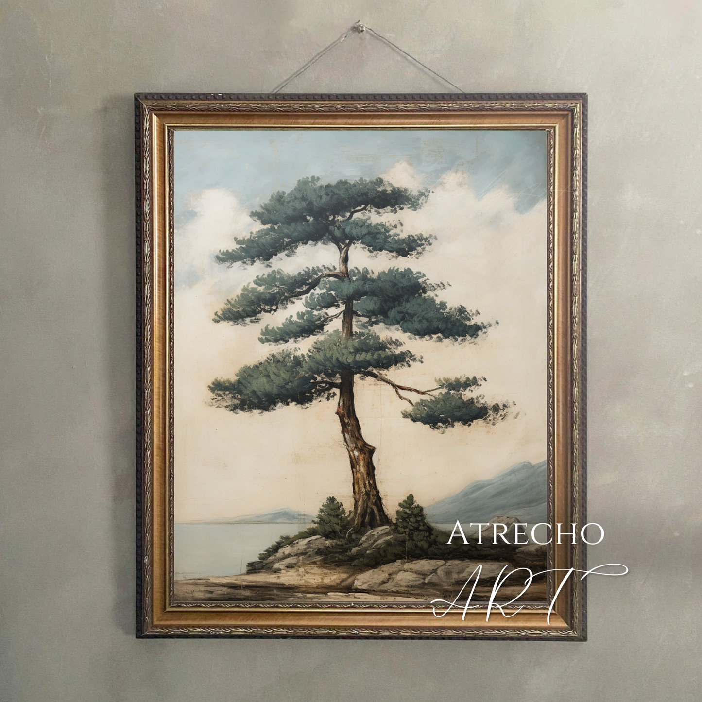 Coastal pine tree print hung flush on a neutral wall, showing the tall vertical format installed, by Atrecho Art