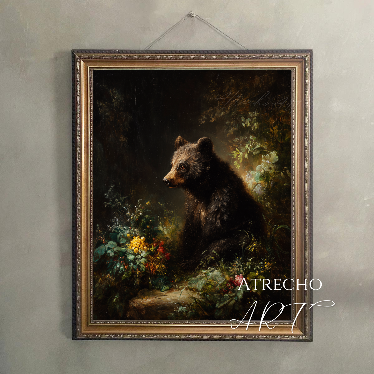 Brown bear art print hung on a warm plaster wall, cub crowned in blooms with candlelit Old Master glow, by Atrecho Art