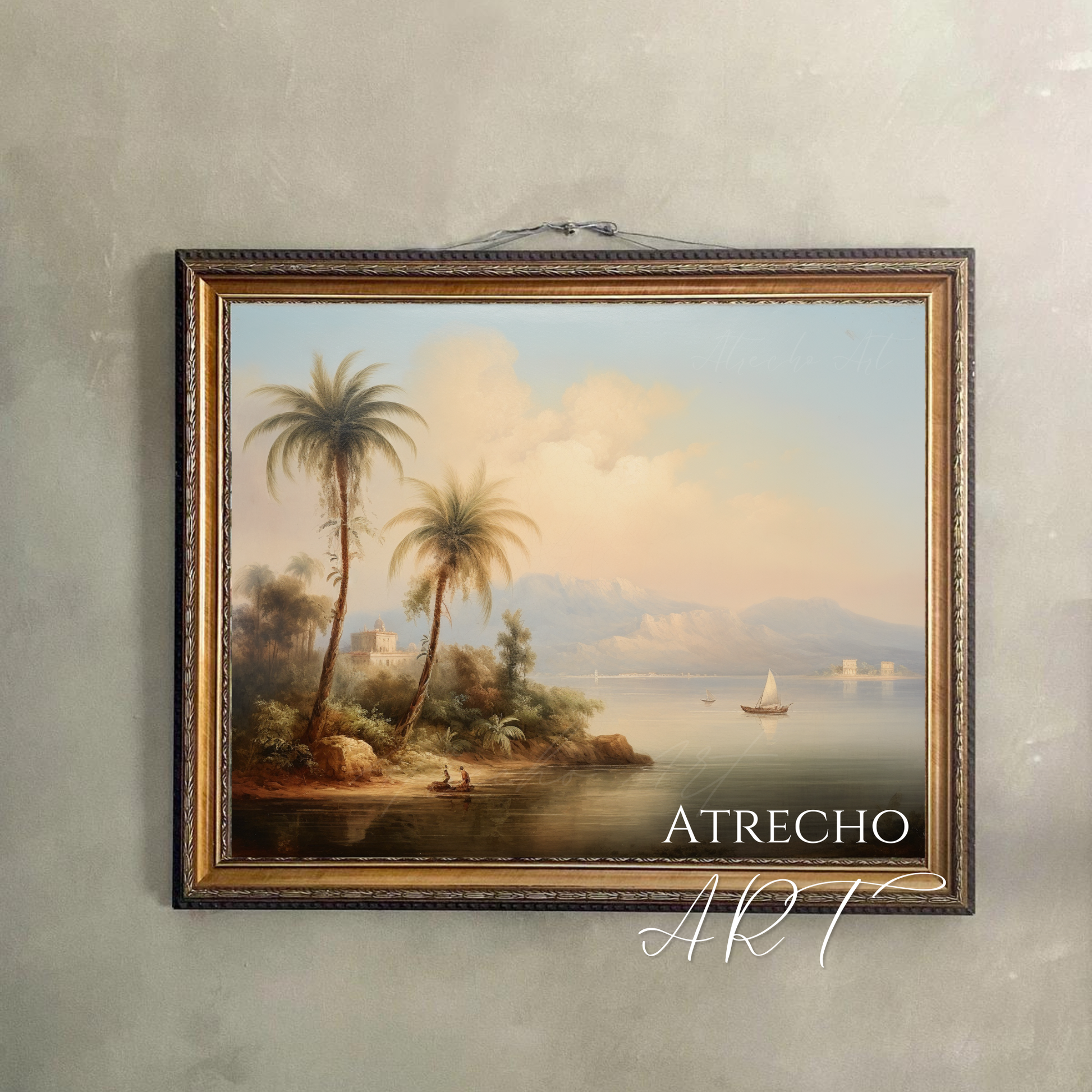 Framed Mediterranean coastal landscape print hanging on a neutral above a sofa, by Atrecho Art