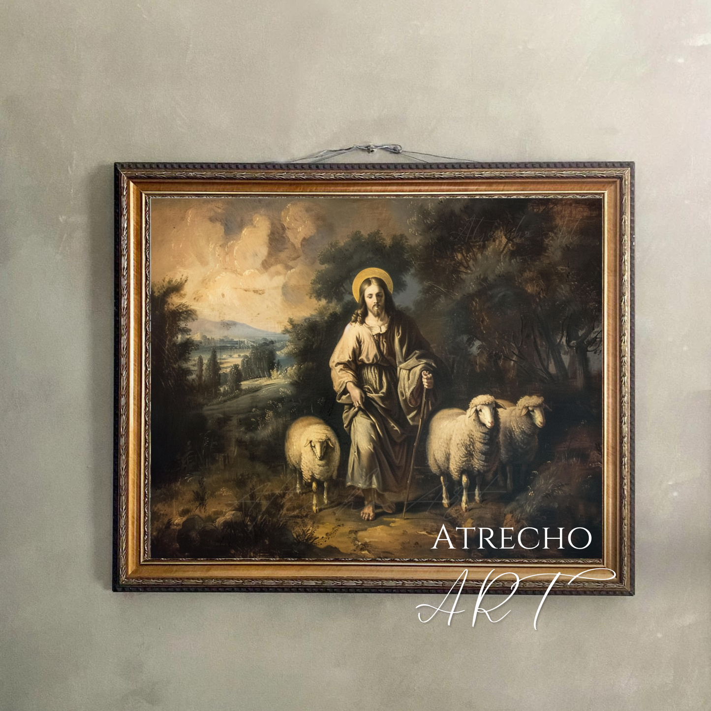 Classical religious art print of The Lord is My Shepherd featuring a robed figure with golden halo standing with sheep in pastoral European landscape with atmospheric Old Masters painting style