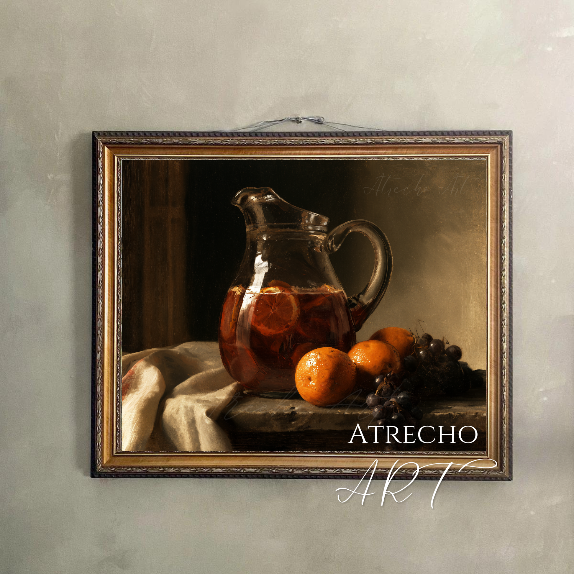 Framed sangria still life hanging on a deep-toned dining room wall, by Atrecho Art