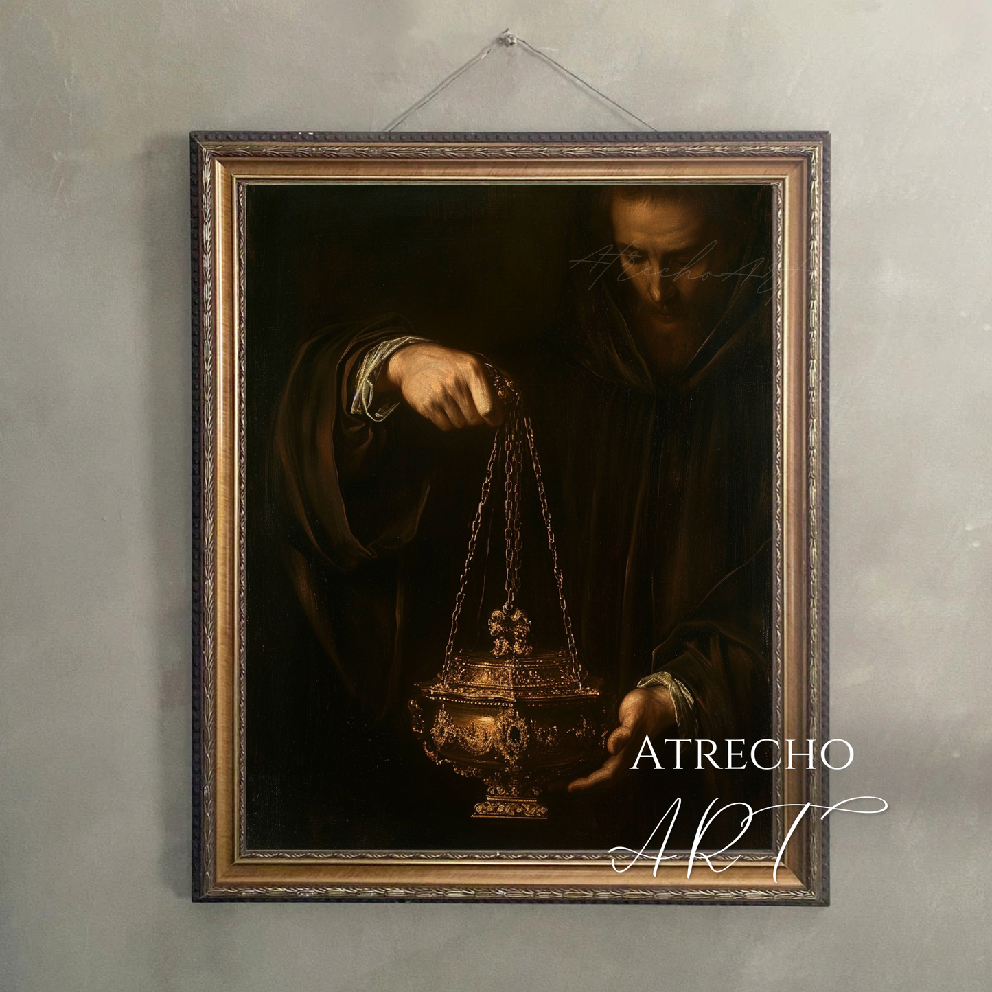 Baroque thurible art print — Spanish Golden Age monk in dark robes holding gilded incense burner by chains, chiaroscuro style, archival matte print by Atrecho Art