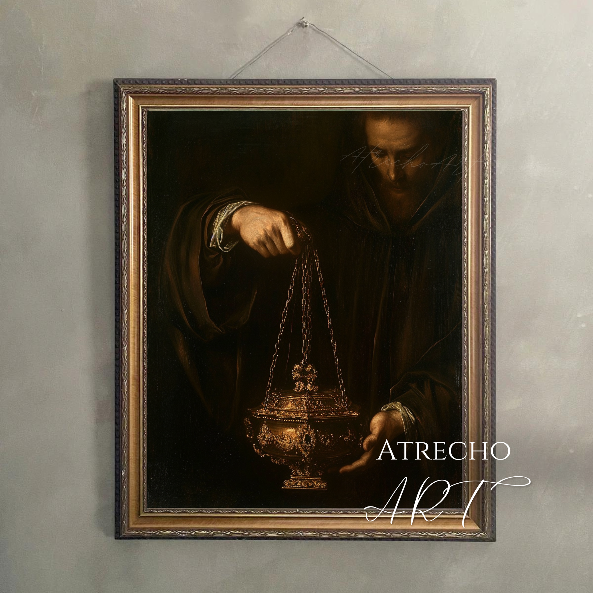Baroque thurible art print — Spanish Golden Age monk in dark robes holding gilded incense burner by chains, chiaroscuro style, archival matte print by Atrecho Art