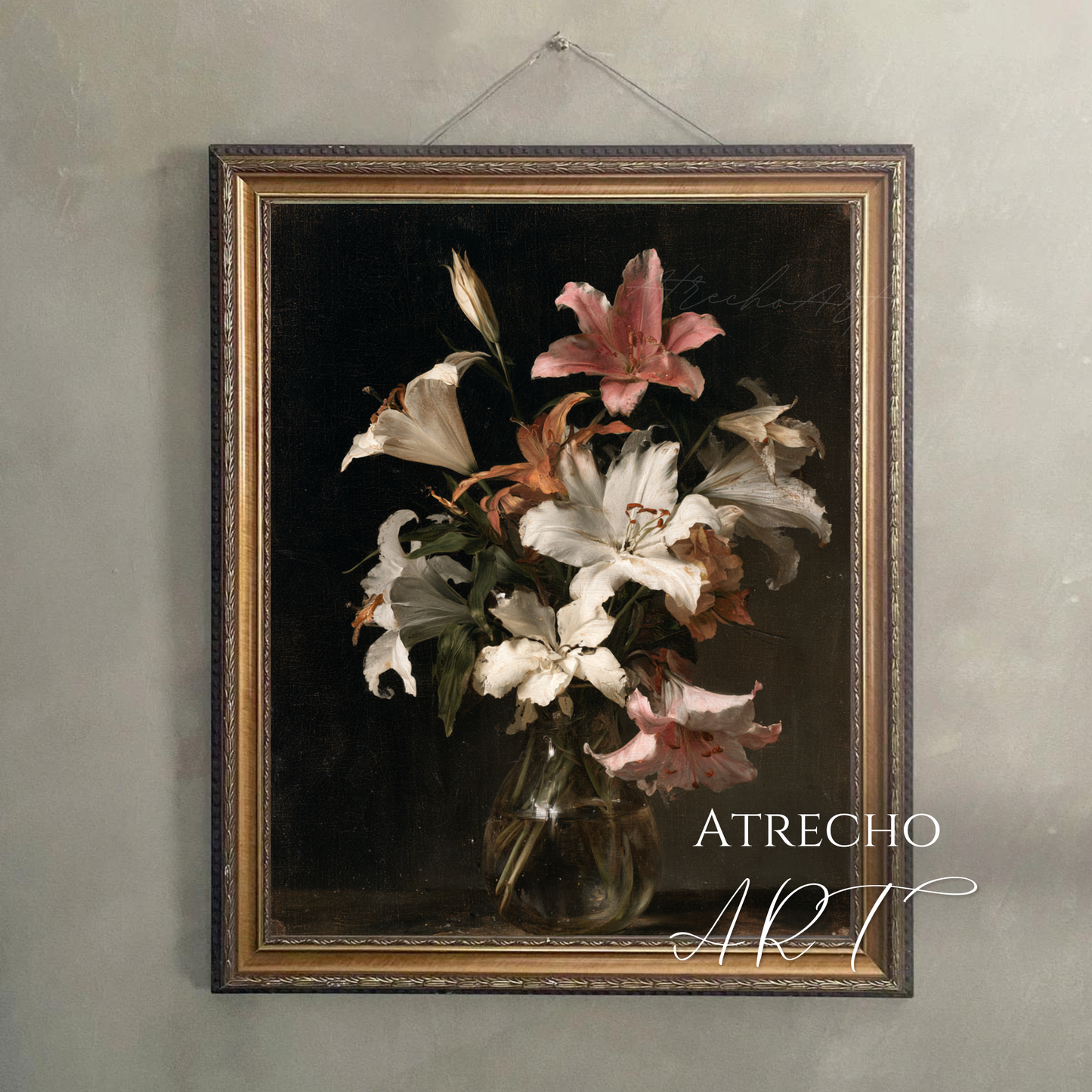 Vertical lily still life print hung on a warm plaster wall, gallery wall ready floral art by Atrecho Art