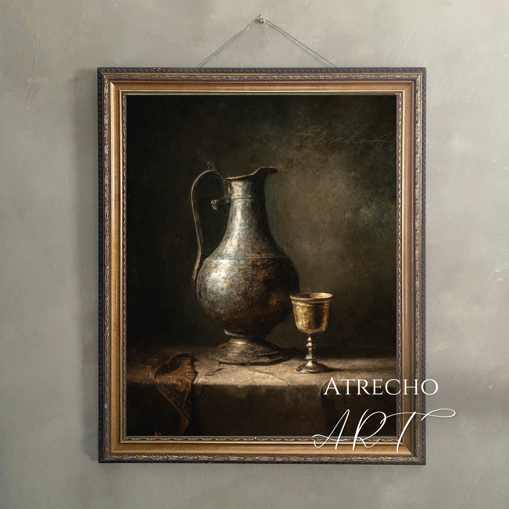 Wine pitcher still life print hung on a moody wall, vertical format catching soft candlelight, by Atrecho Art