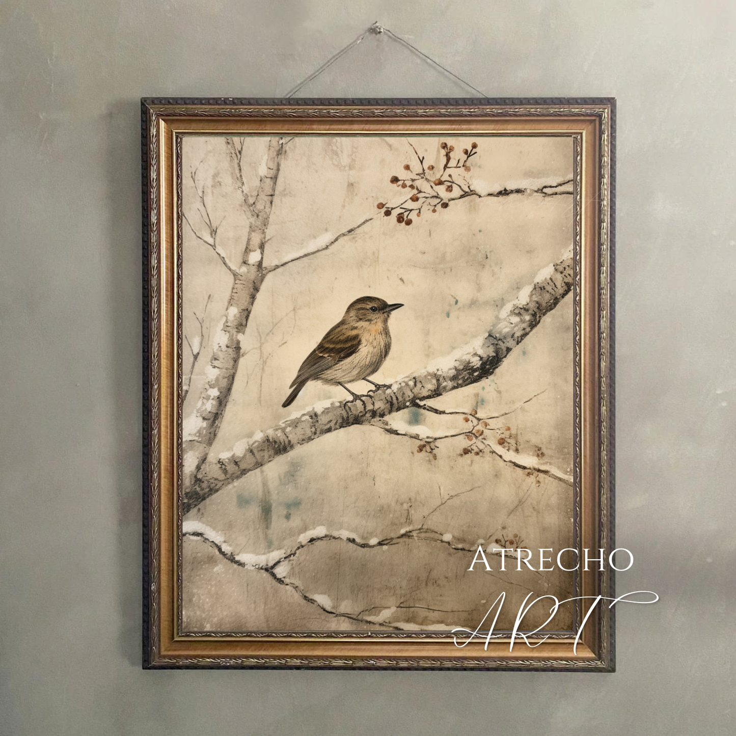Winter kacho-ga bird print hung on a neutral wall showing gallery-wall placement, by Atrecho Art