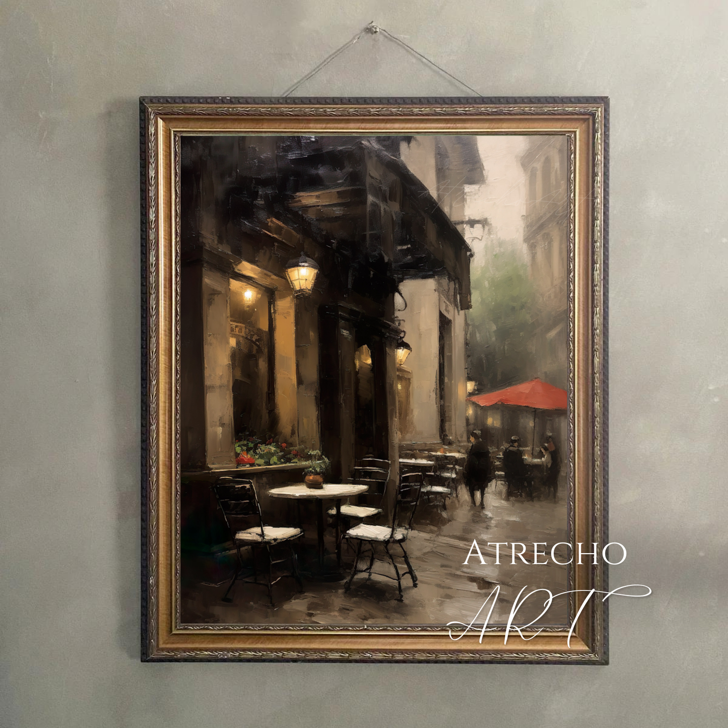 European cafe wall art featuring atmospheric street scene with outdoor dining, vintage lanterns, and cozy bistro ambiance perfect for coffee shop decor