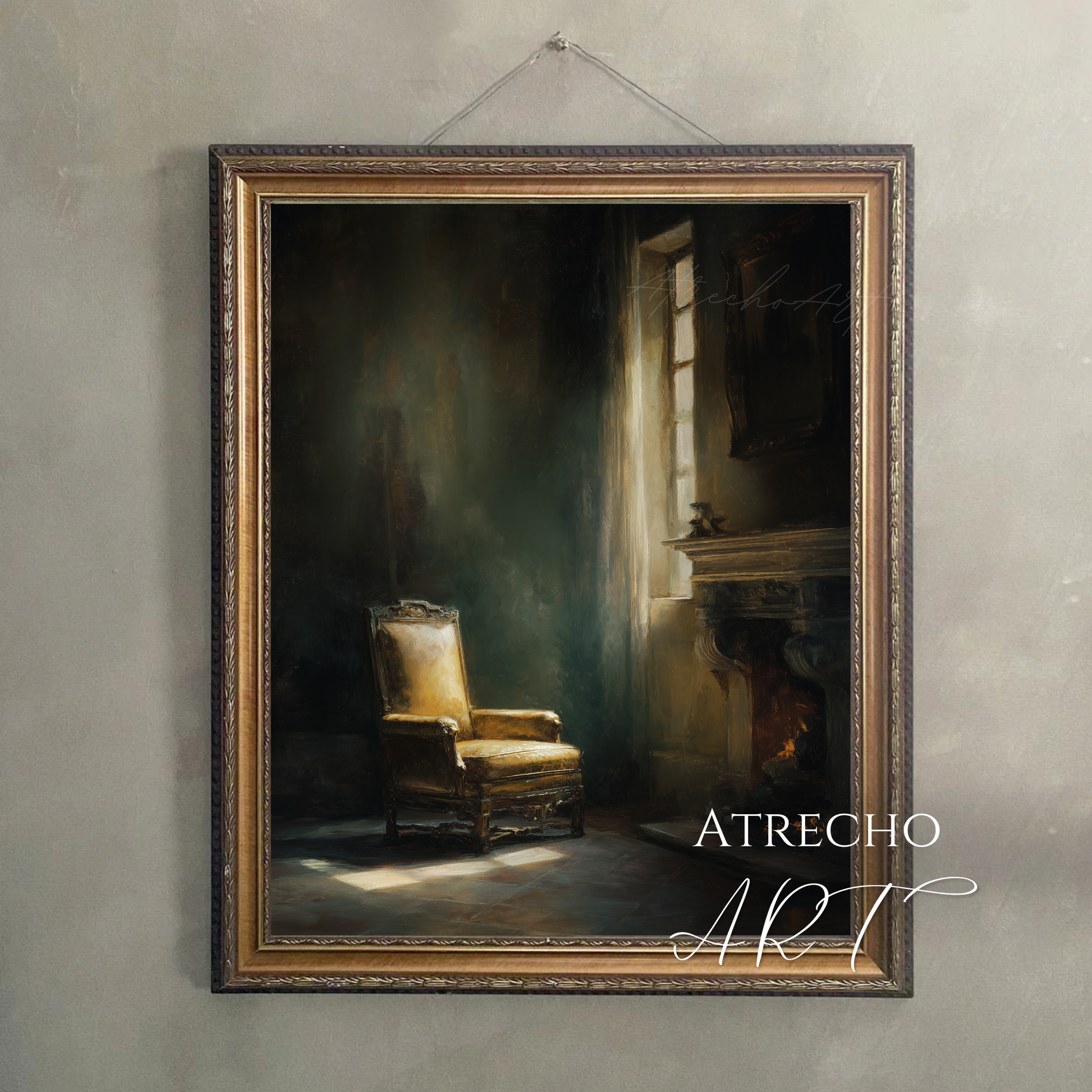 Vintage interior scene with golden upholstered chair by window in dramatic lighting for dark academia cottagecore decor