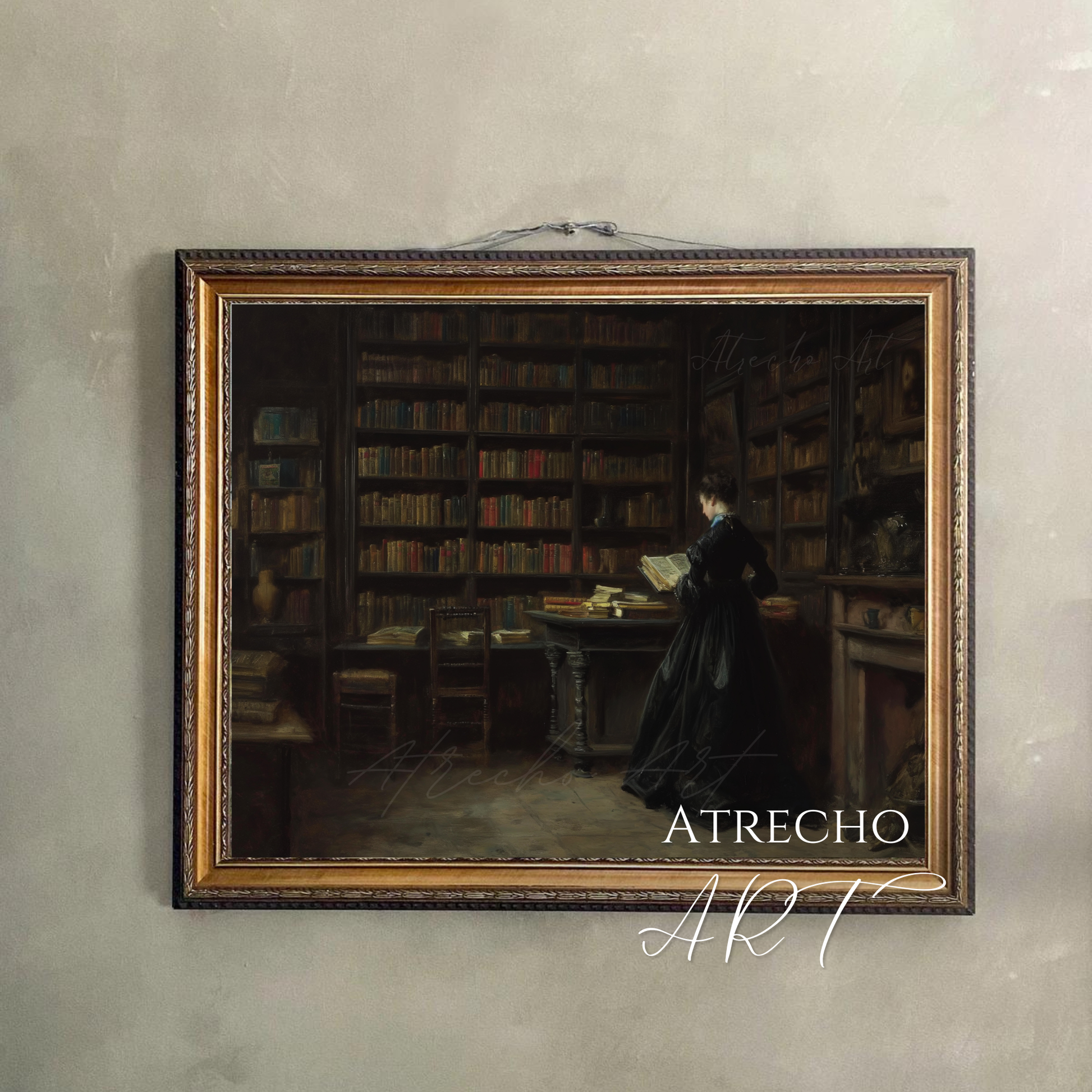 Dark academia library print of Victorian woman reading among floor-to-ceiling bookshelves, archival quality 