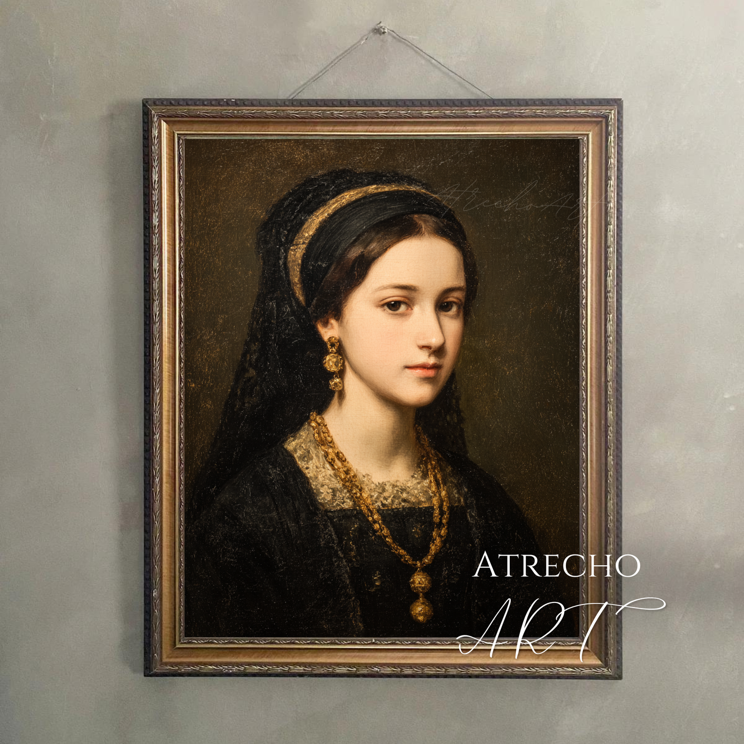 Classical lady with black headband and gold ornaments wearing dark Renaissance-style clothing, displayed in ornate gold frame against cream linen background—Old World portrait art print by Atrecho Art