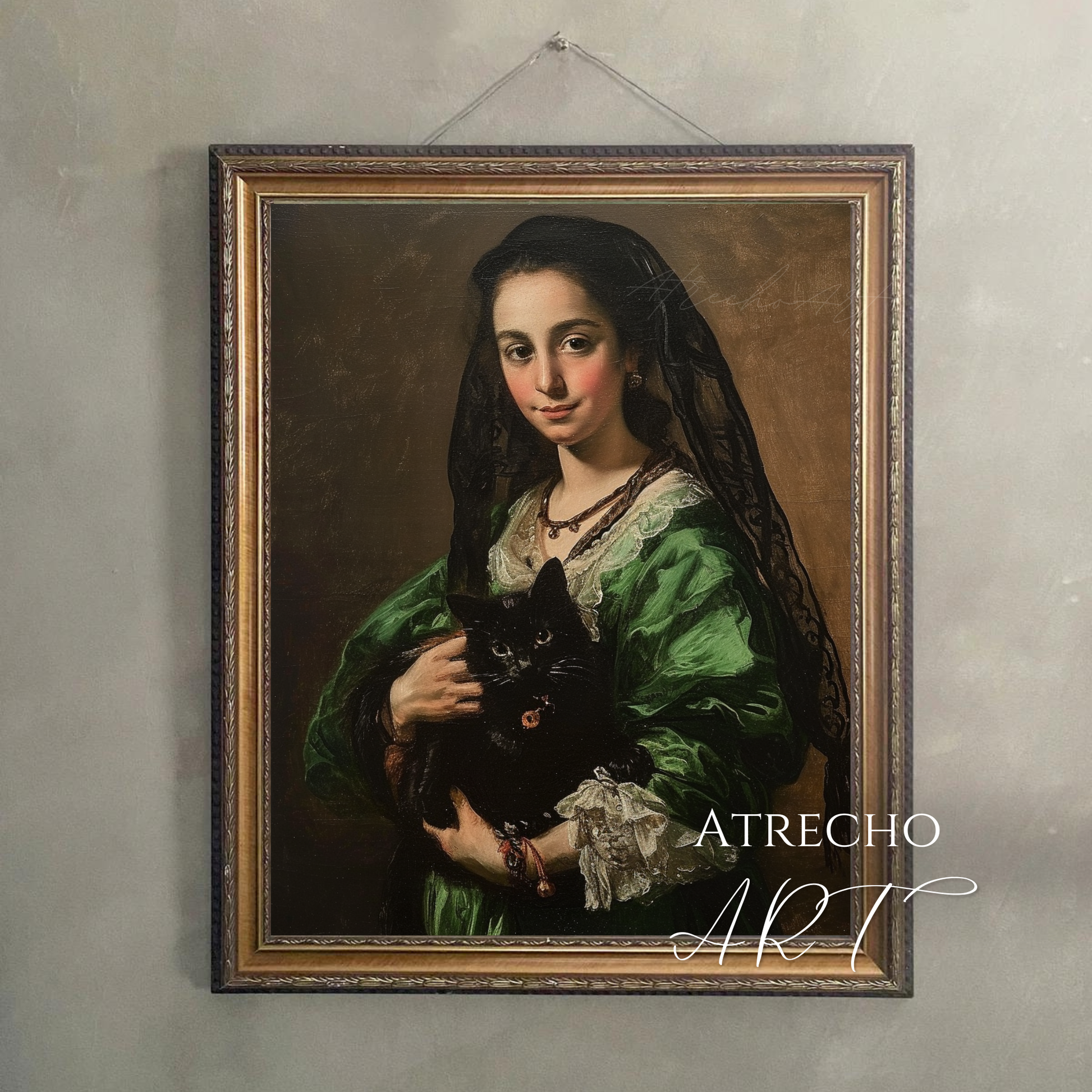 Vintage cat portrait of woman in emerald green dress holding black cat wearing black lace veil classical European portraiture art print