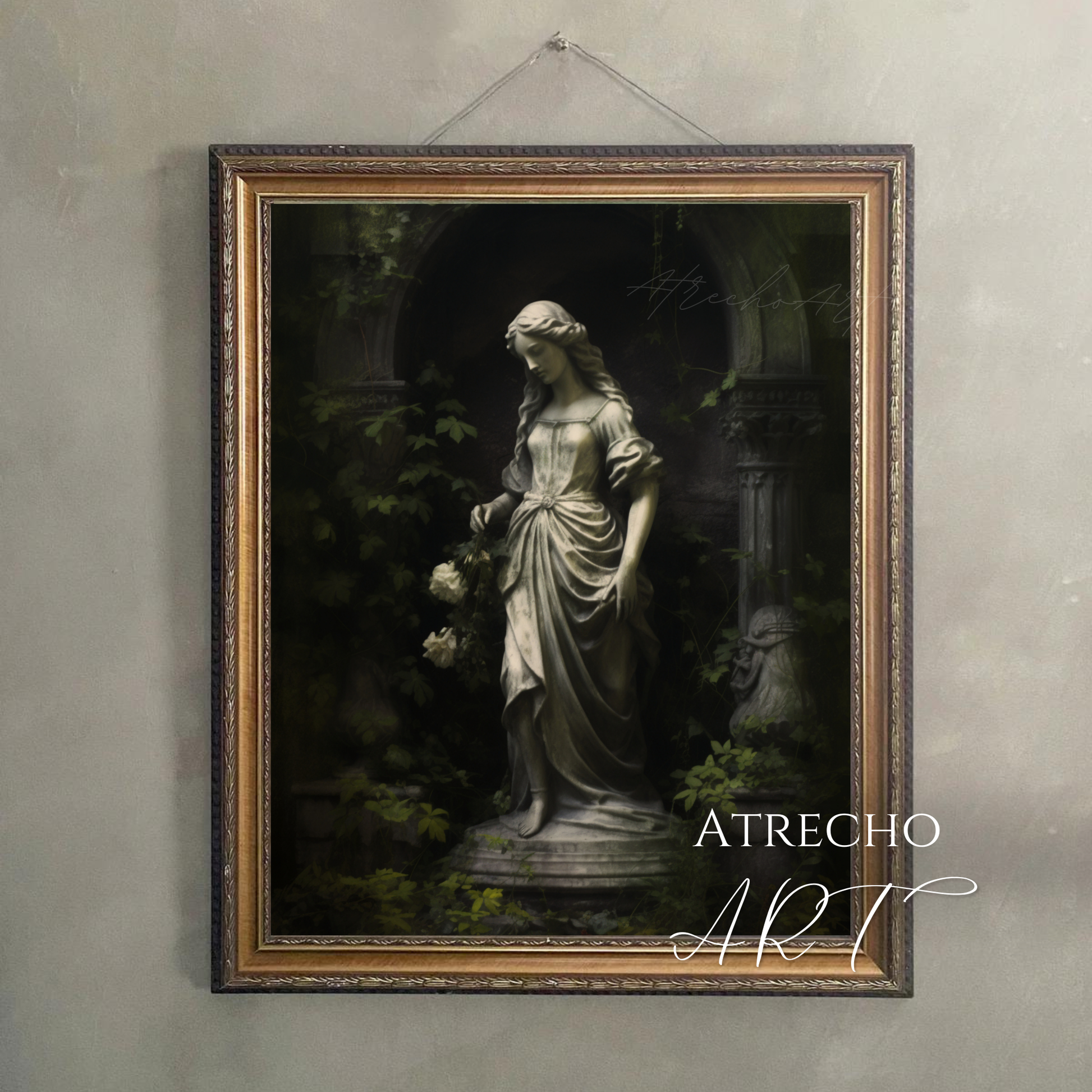 Framed garden statue print hanging on a neutral gallery wall in an entryway, by Atrecho Art