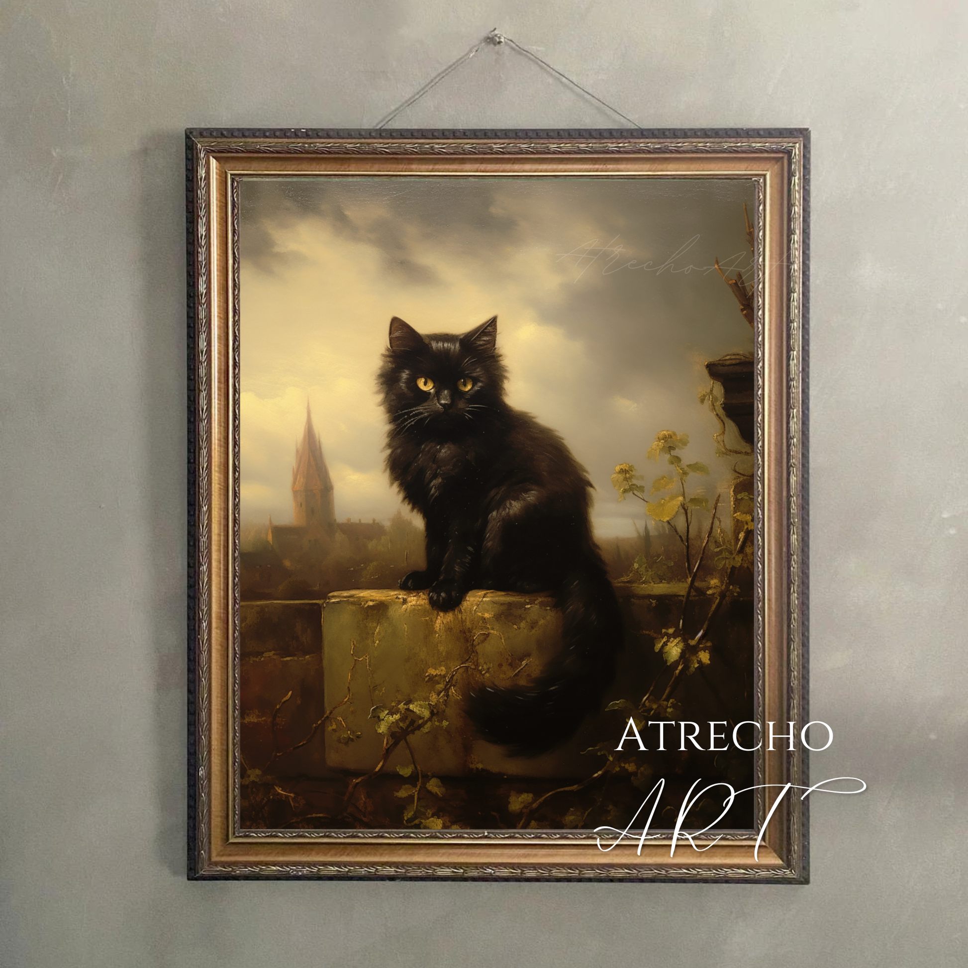 Gothic black cat art print with striking golden eyes perched on weathered stone overlooking misty European cathedral landscape in dark romantic style