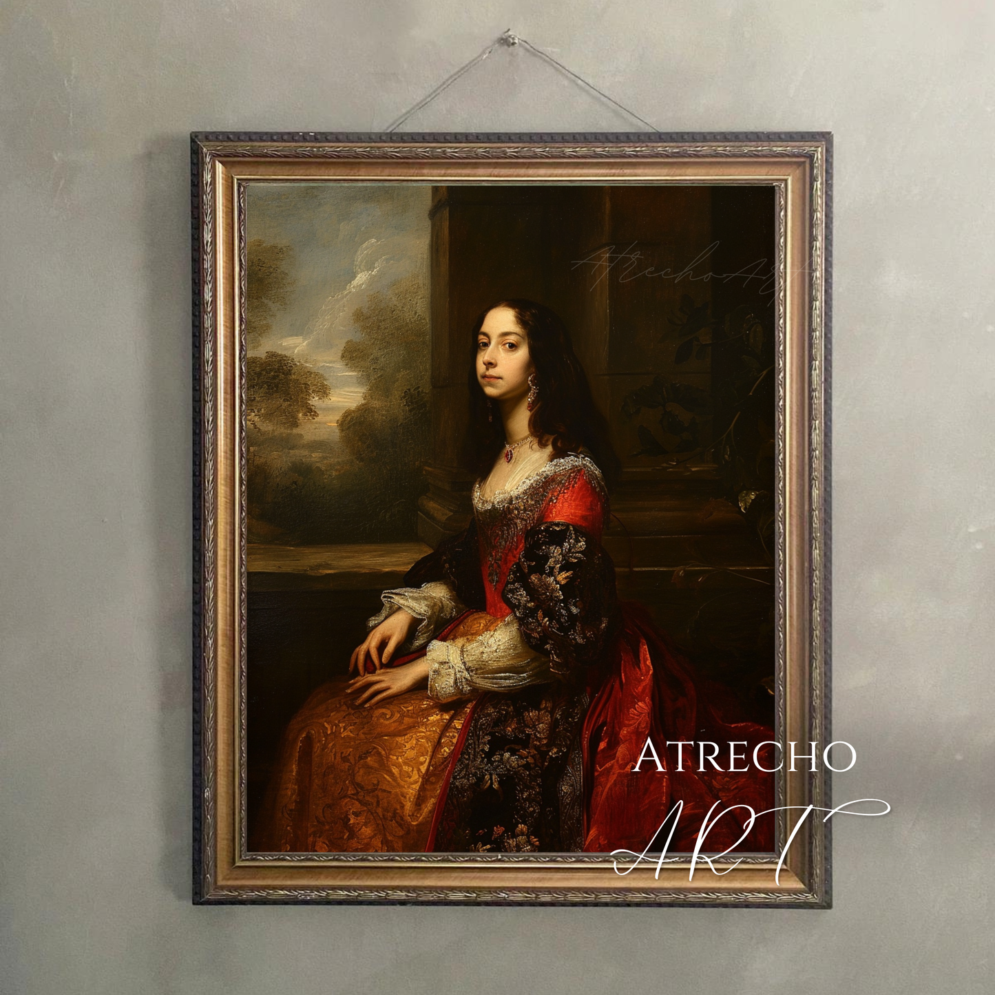 Spanish Baroque portrait print cord-hung on a plaster wall — Old World estate aesthetic, European queen portrait, dark home decor