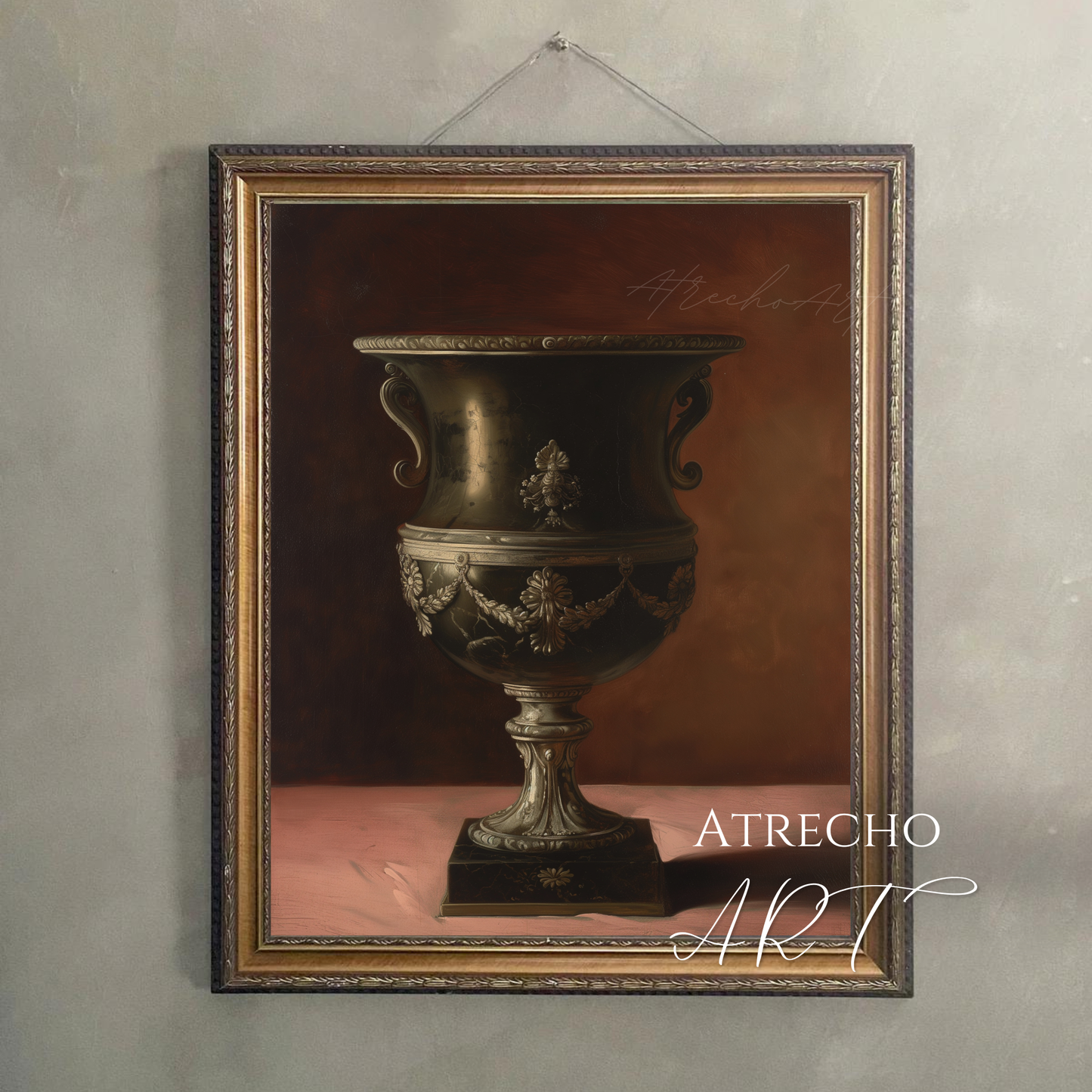The urn print hung flush on a deep oxblood wall above a mantel, a spotlit relic in a hushed Old World room by Atrecho Art