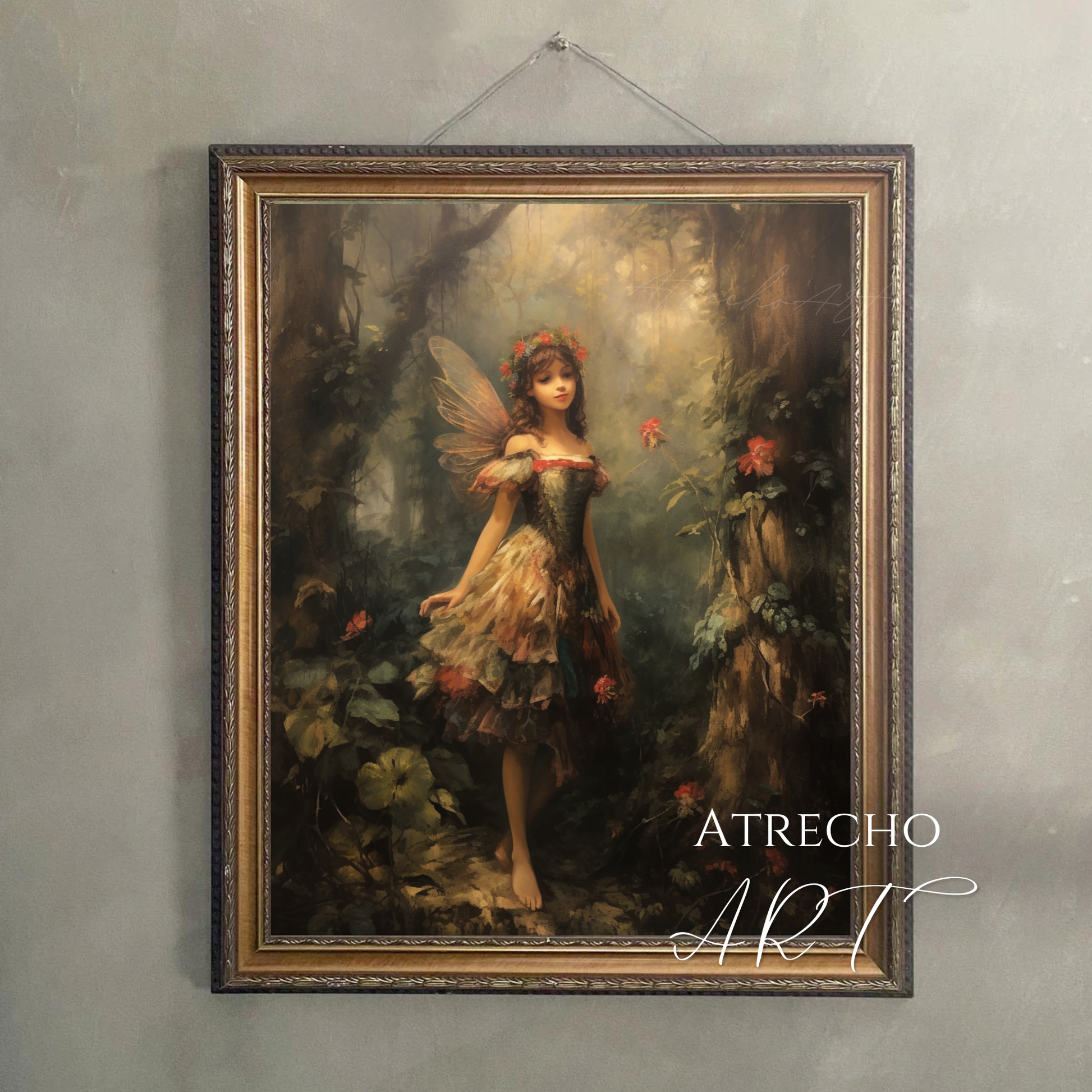 Forest fairy print hung on a neutral wall — vertical woodland fantasy ready for a gallery wall, by Atrecho Art
