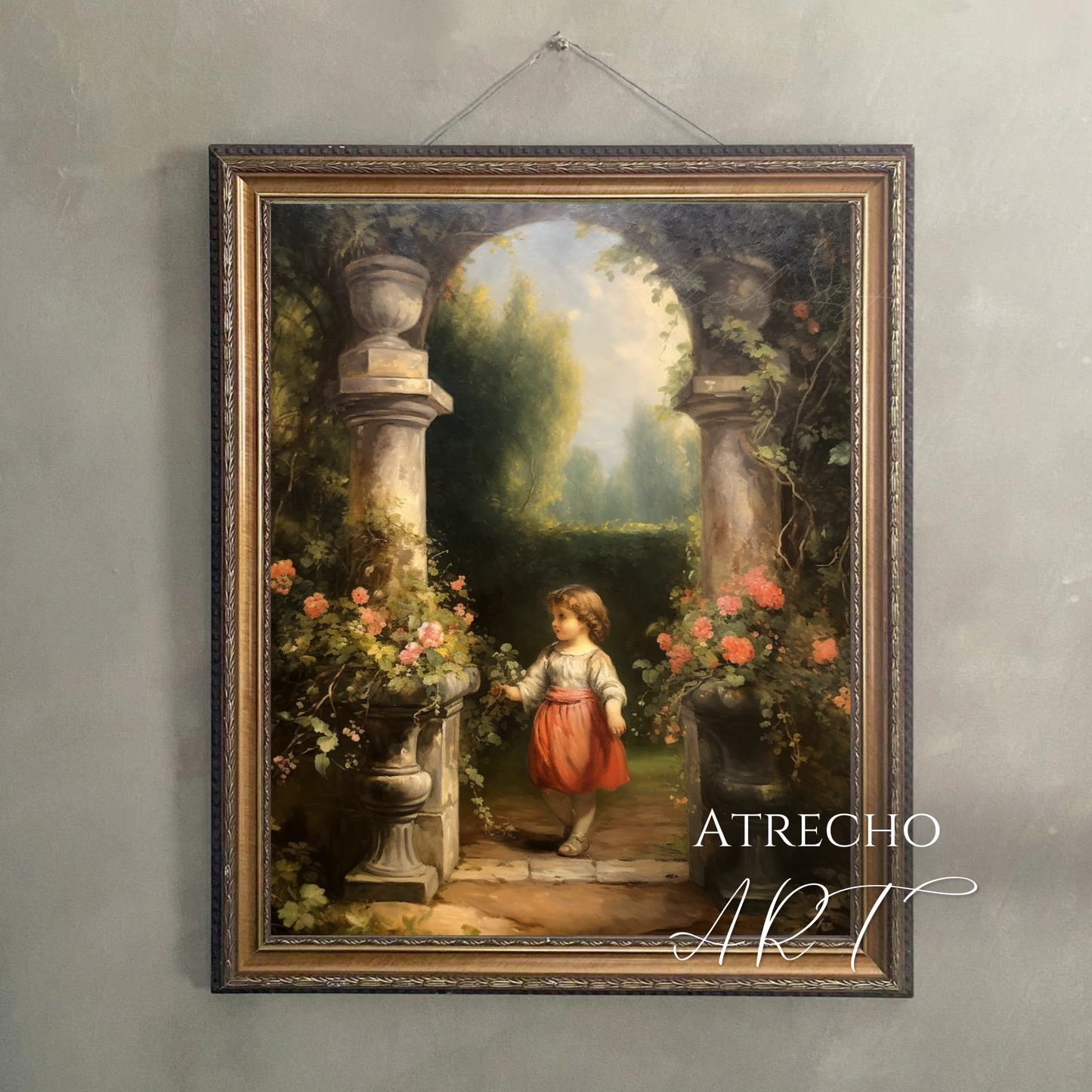 Child in a garden print hung on a neutral wall, showing the vertical portrait installed by Atrecho Art