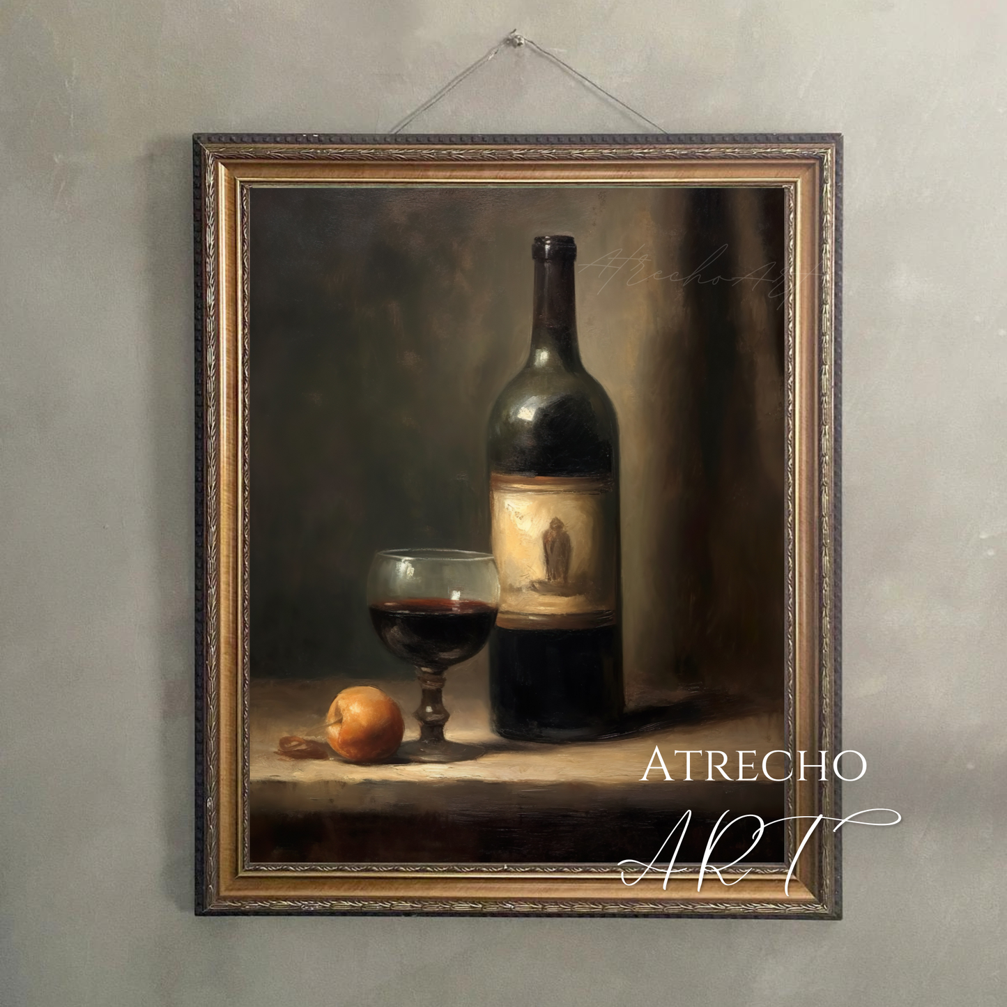 Framed wine and fruit still life hanging on a deep-toned dining room wall by Atrecho Art