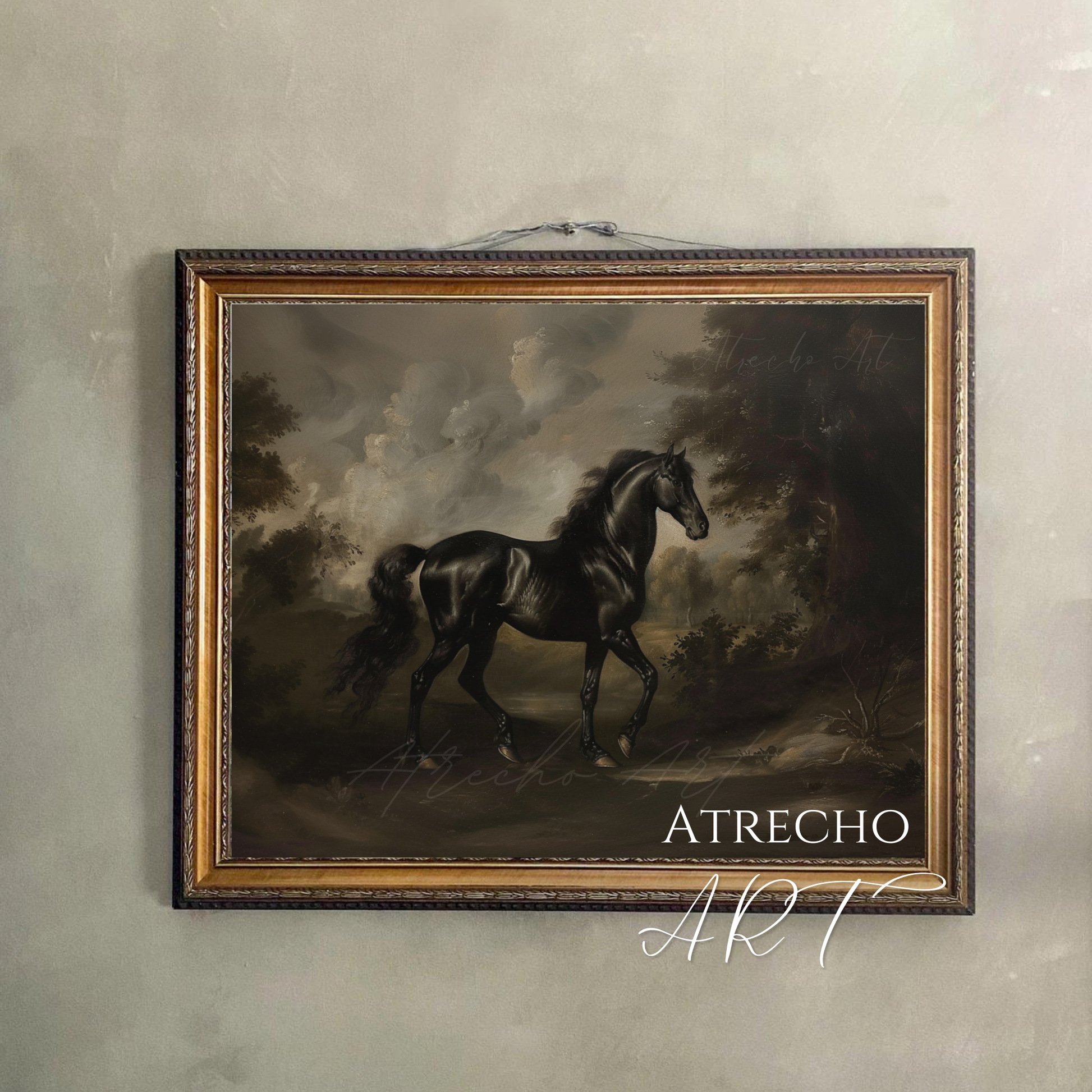 Black horse wall art — vintage Old Master equestrian portrait, dark academia print in gilded frame, moody stallion painting | AN32