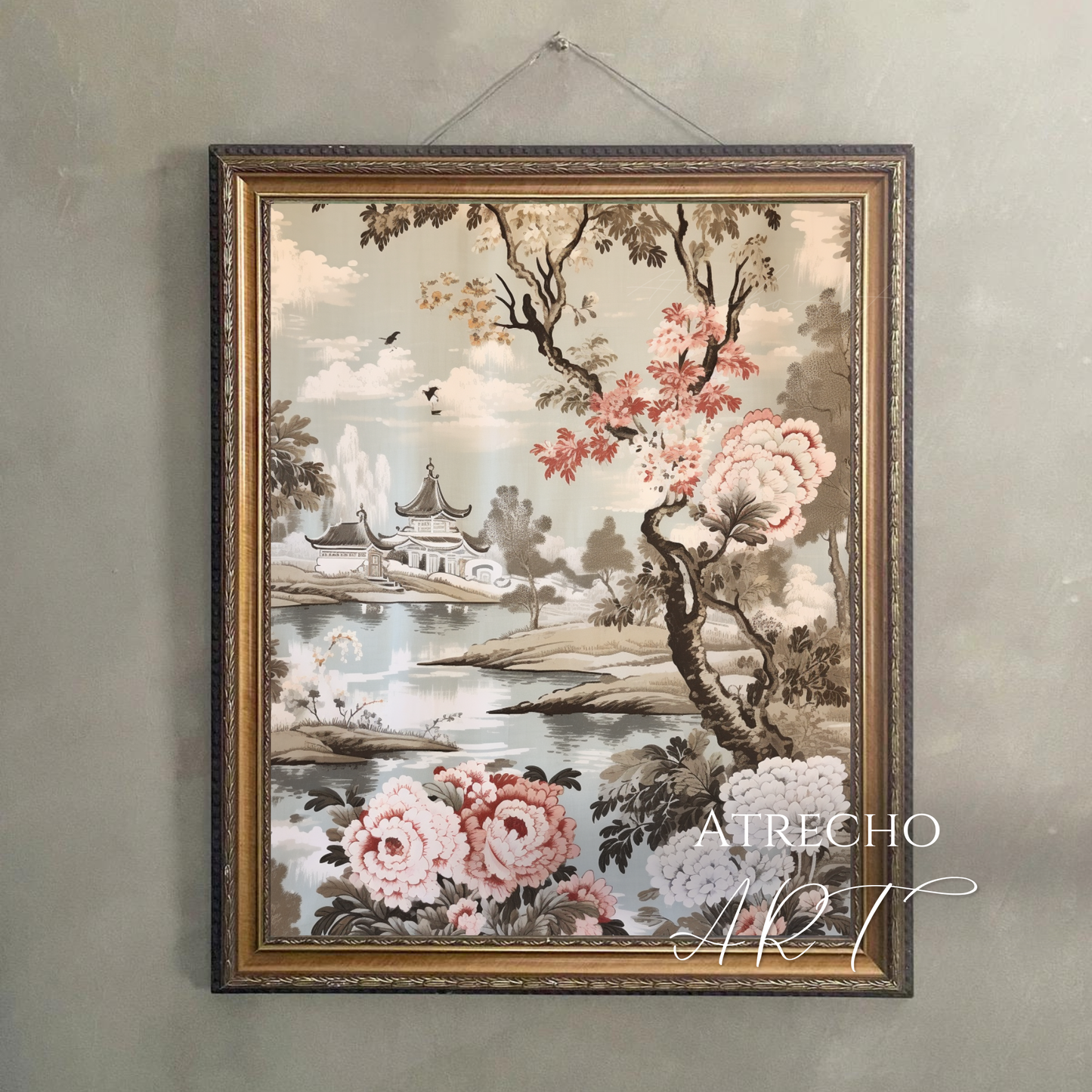 Framed chinoiserie art print hanging on a warm neutral wall, serene decor by Atrecho Art