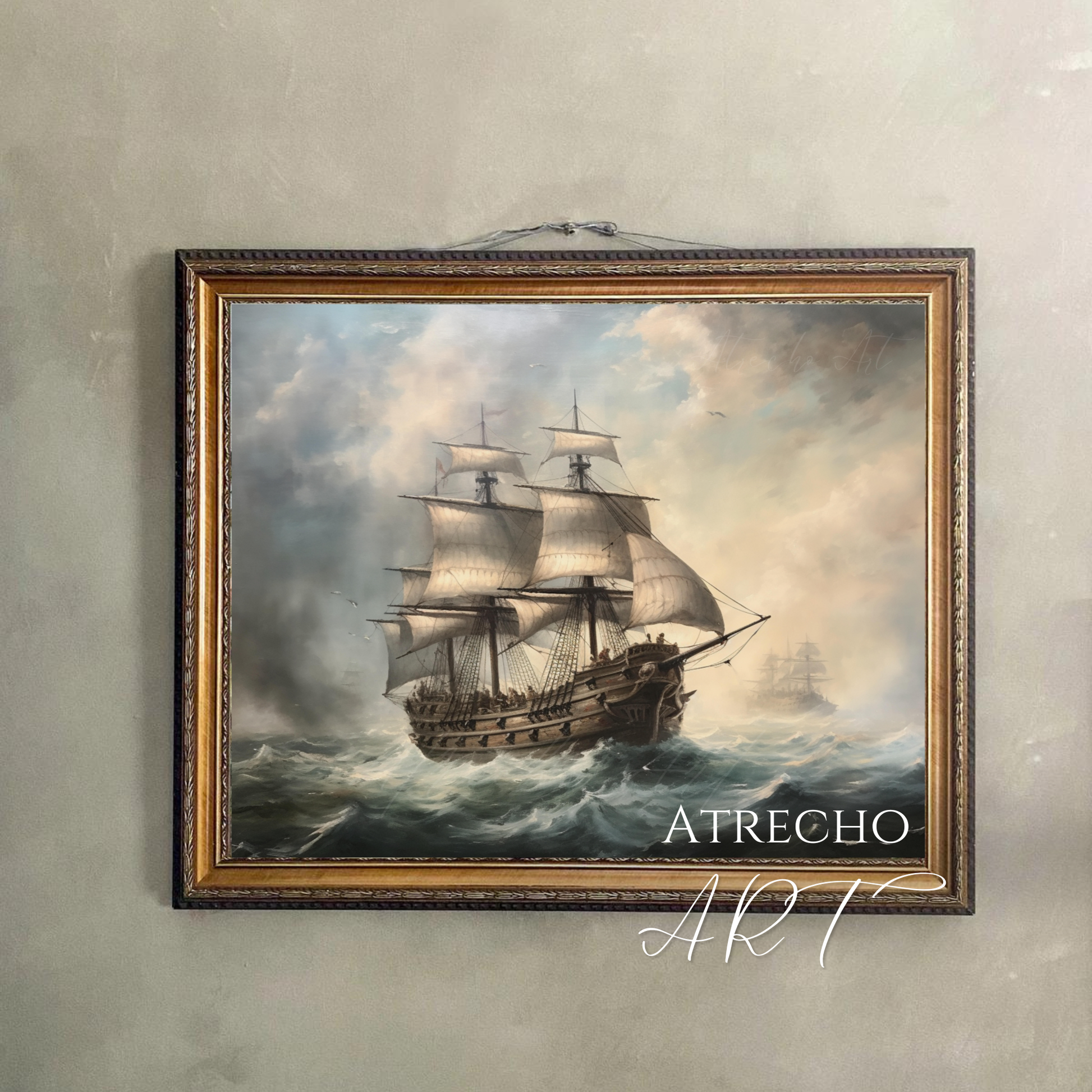 Galleon print — vintage tall ship on stormy seas, Old World maritime oil painting art by Atrecho Art, NA26