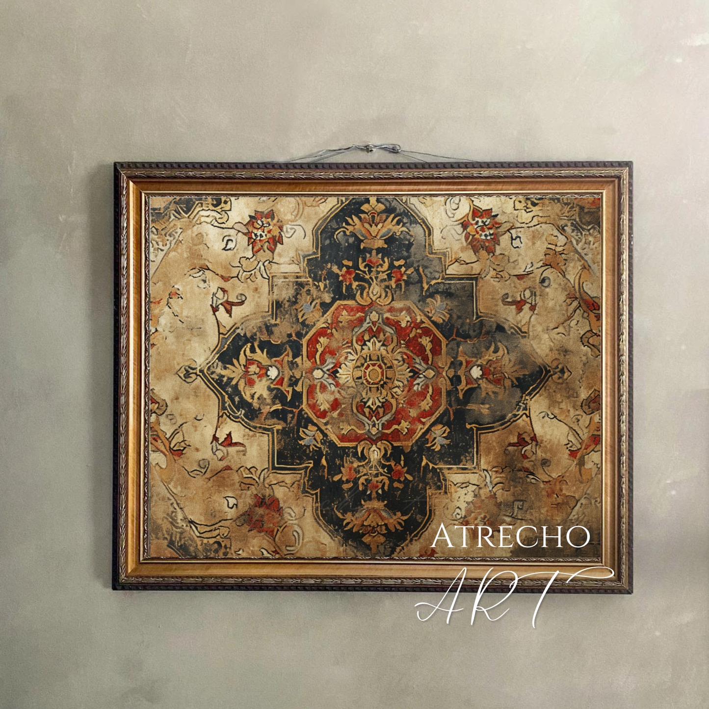Persian medallion rug print hung on a neutral wall, warm heirloom textile art in tan-gold and oxblood, by Atrecho Art