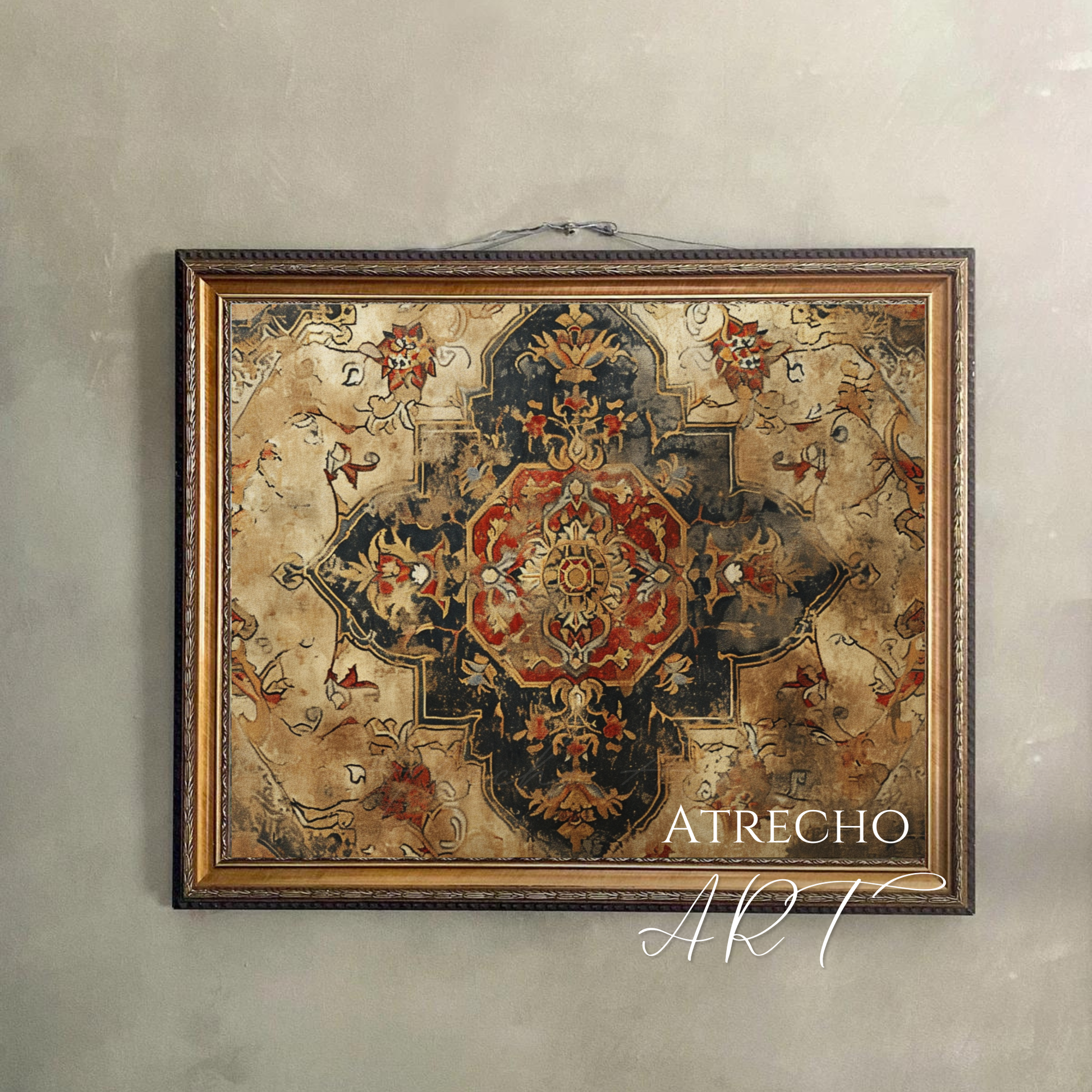 Persian medallion rug print hung on a neutral wall, warm heirloom textile art in tan-gold and oxblood, by Atrecho Art