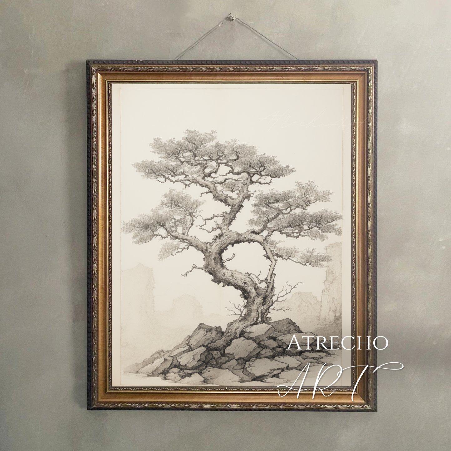 Framed arbutus tree botanical hanging on a warm neutral wall, serene minimalist ink art, by Atrecho Art