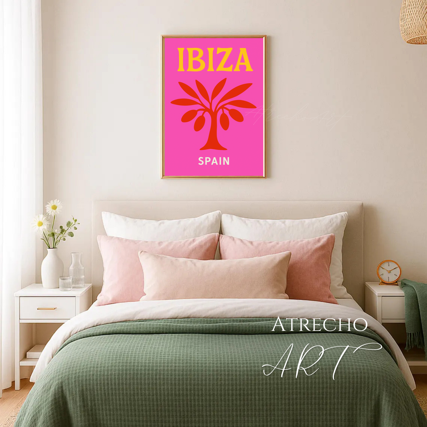 Ibiza Travel Poster | Spanish Island Art | Pink Palm Tree Print | Digital Download | Retro Beach Decor