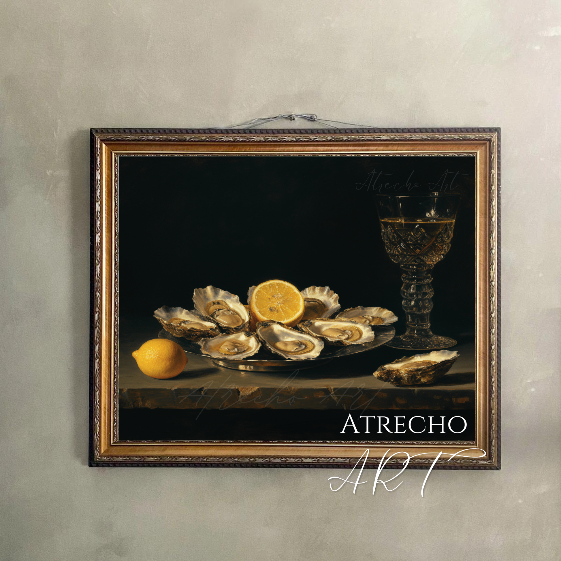 Oysters and crystal glass still life print hanging on dark gallery wall — archival fine art by Atrecho Art