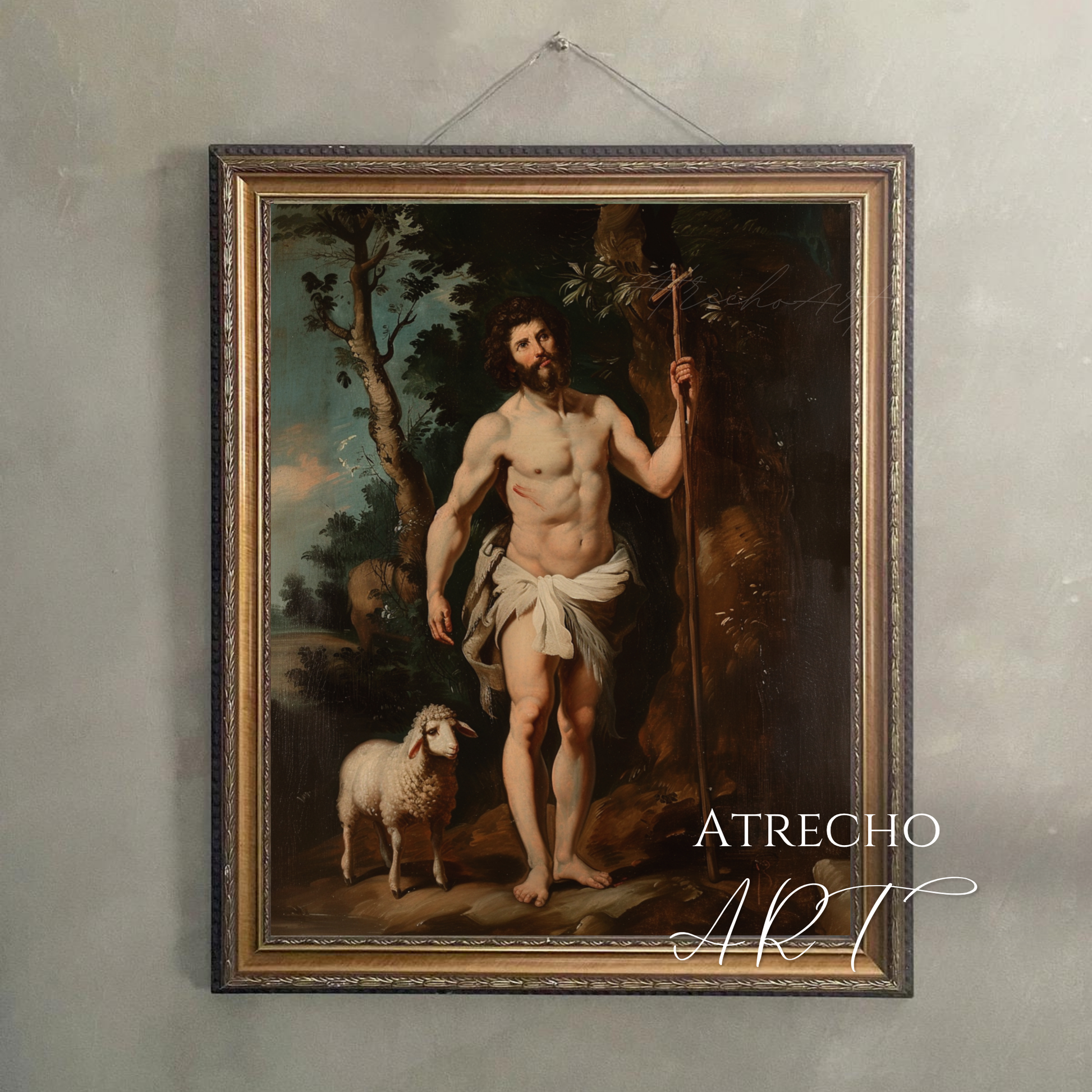 Saint John the Baptist art print hung on warm plaster wall — Spanish Baroque Catholic gallery wall display RE09 Atrecho Art