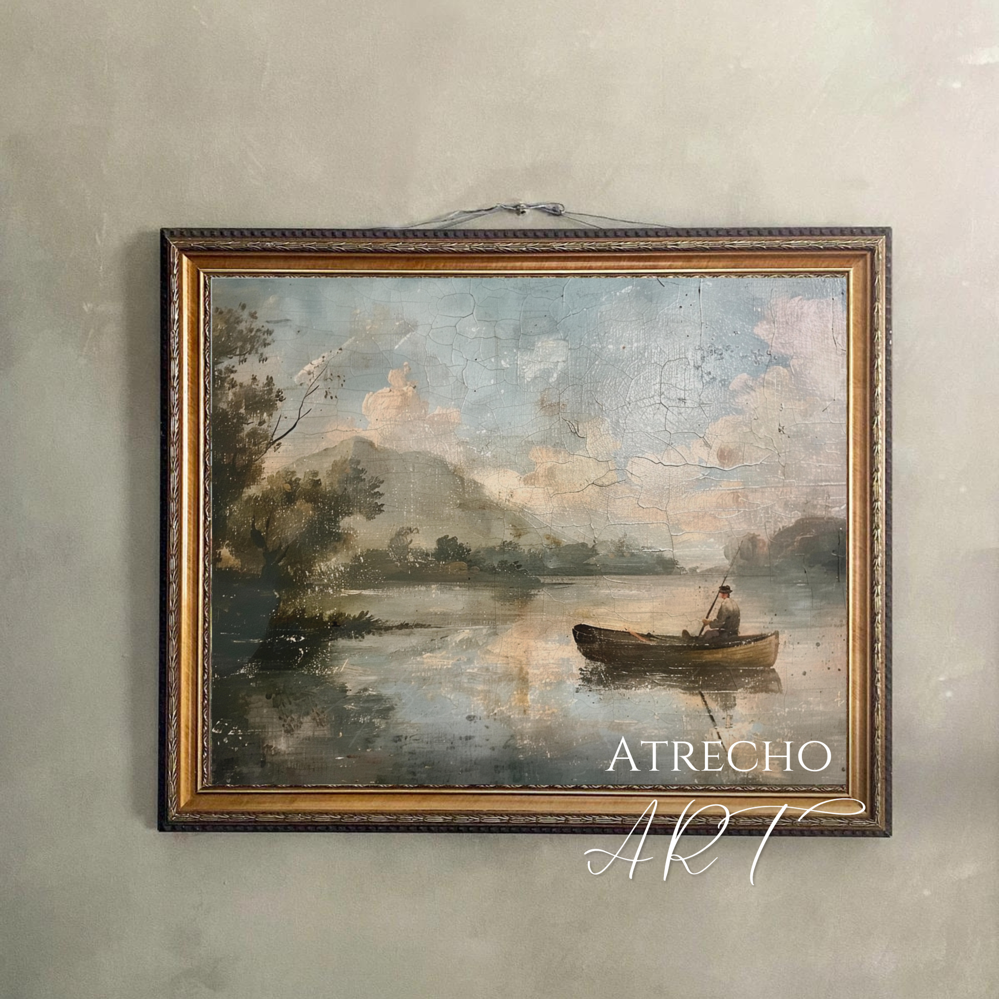 Fisherman art print hung on cord against warm plaster wall — Old World lakeside scene in soft heritage tones