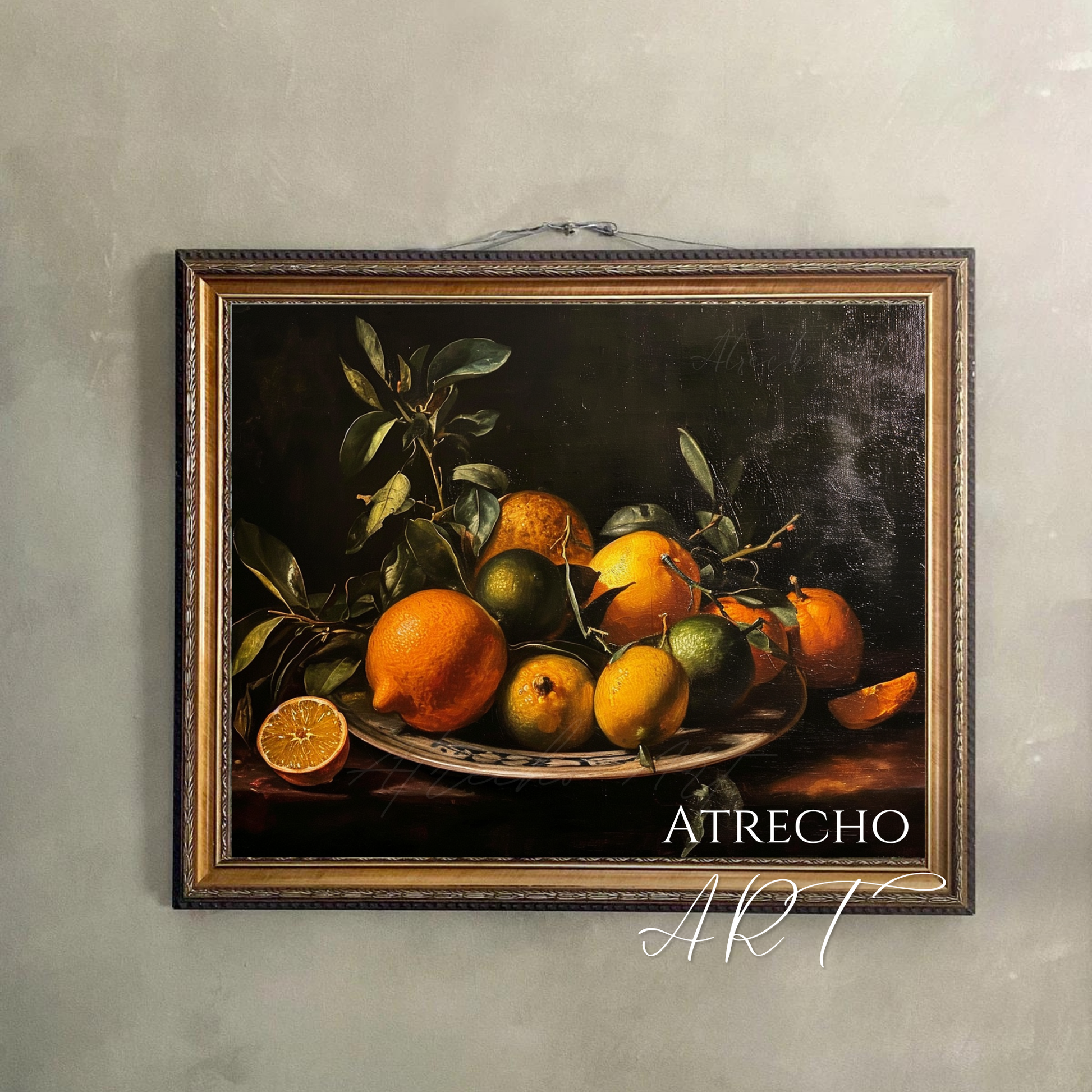 Spanish citrus art print featuring Valencian oranges, lemons and limes on pewter platter with green leaves in classical Baroque still life style against dark background