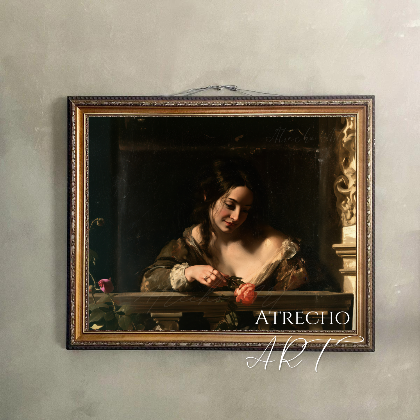Woman on a balcony art print hung on a neutral wall, tenebrist Spanish Baroque portrait with coral rose, by Atrecho Art