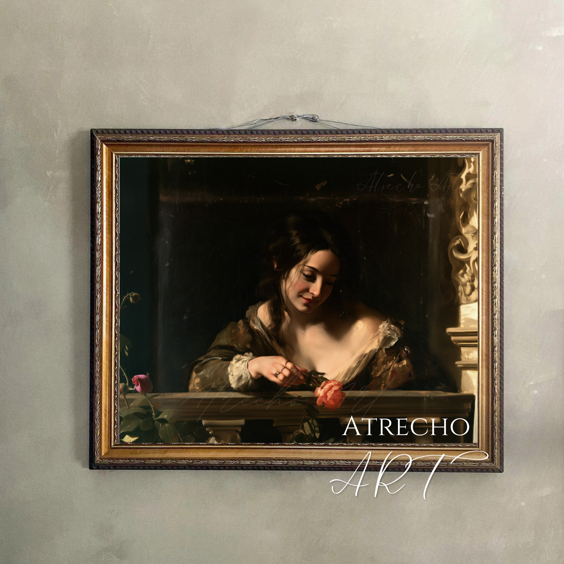 Woman on a balcony art print hung on a neutral wall, tenebrist Spanish Baroque portrait with coral rose, by Atrecho Art