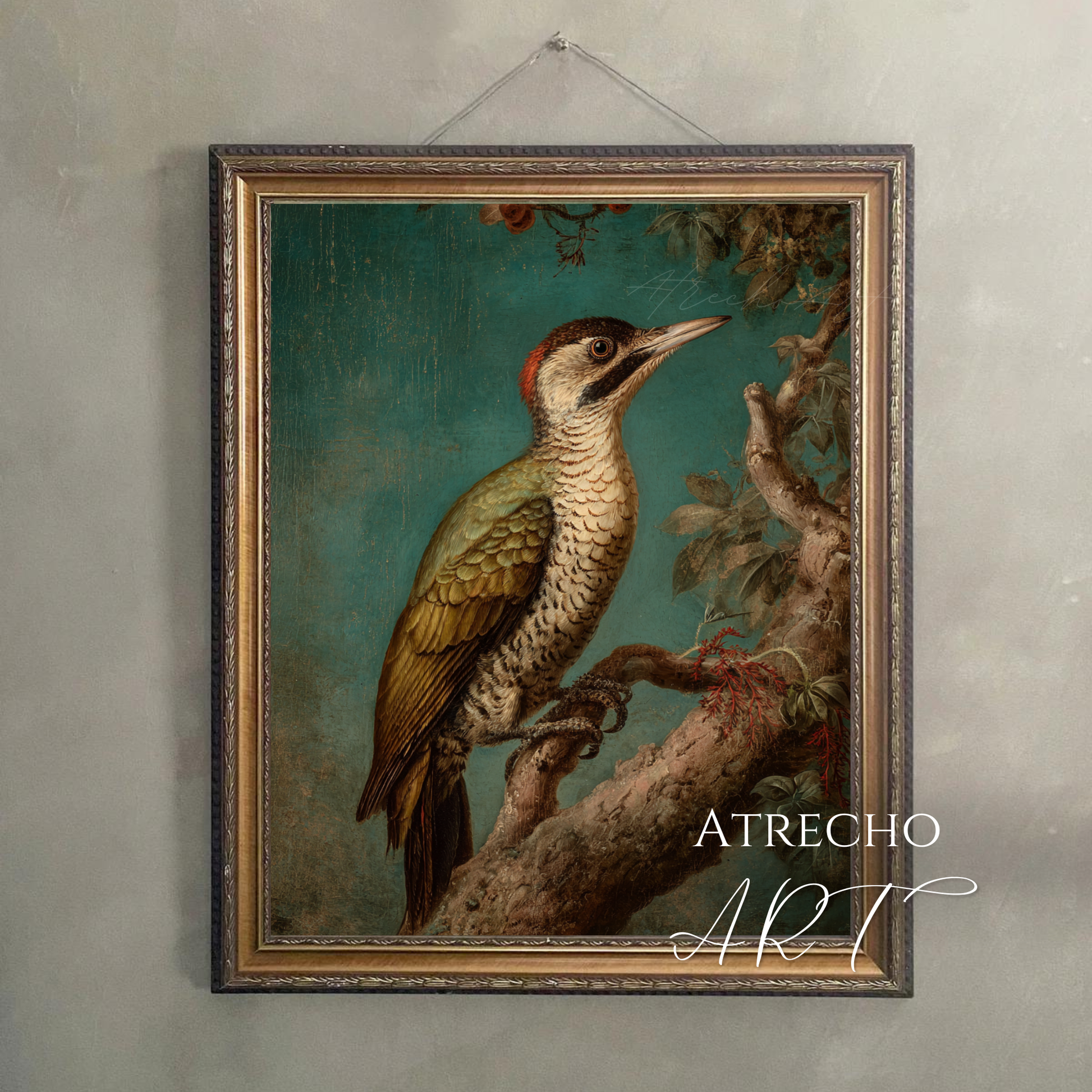 Vintage woodpecker art print illustration with botanical elements on teal background, natural history style