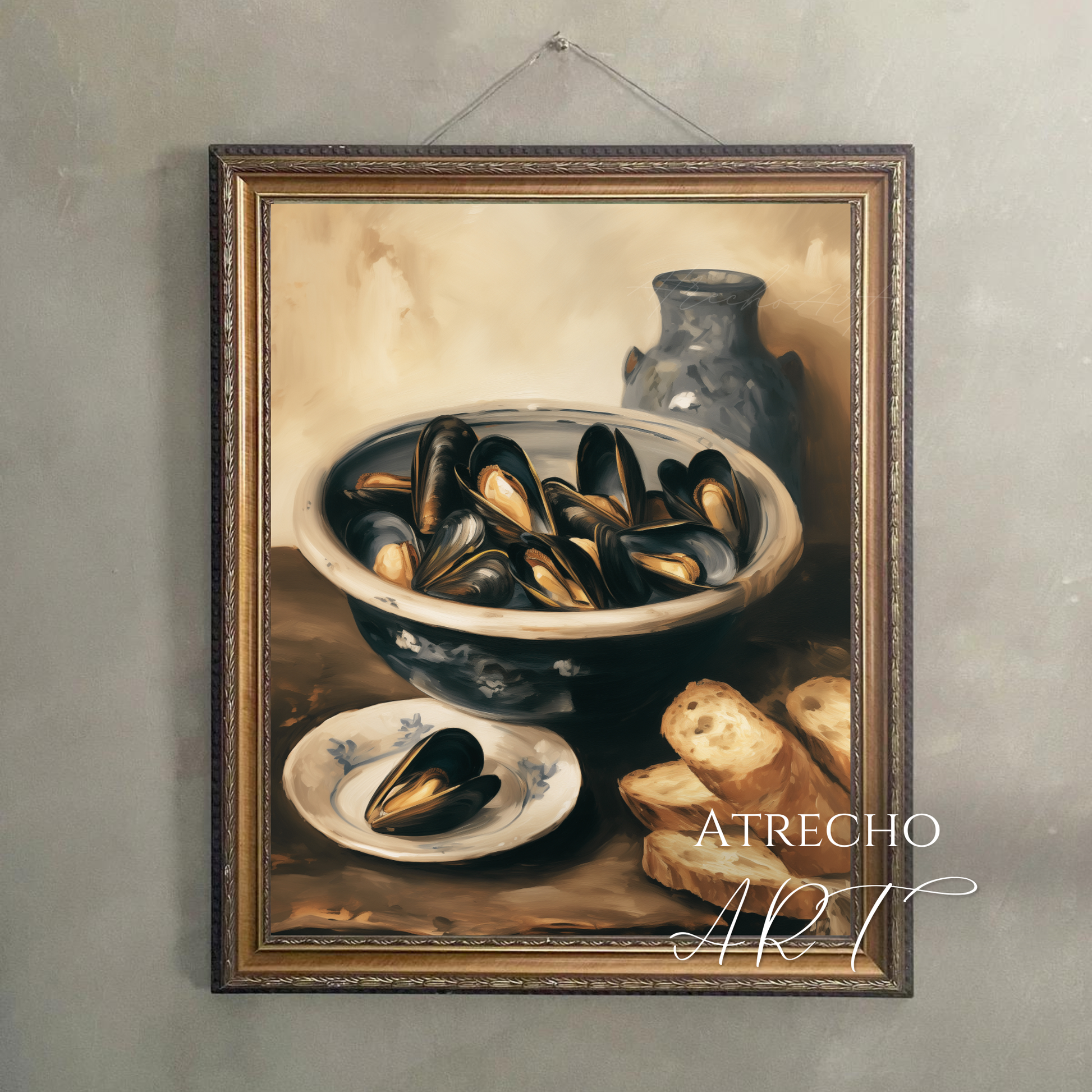 Framed mussels art print hanging on a dining room wall by Atrecho Art
