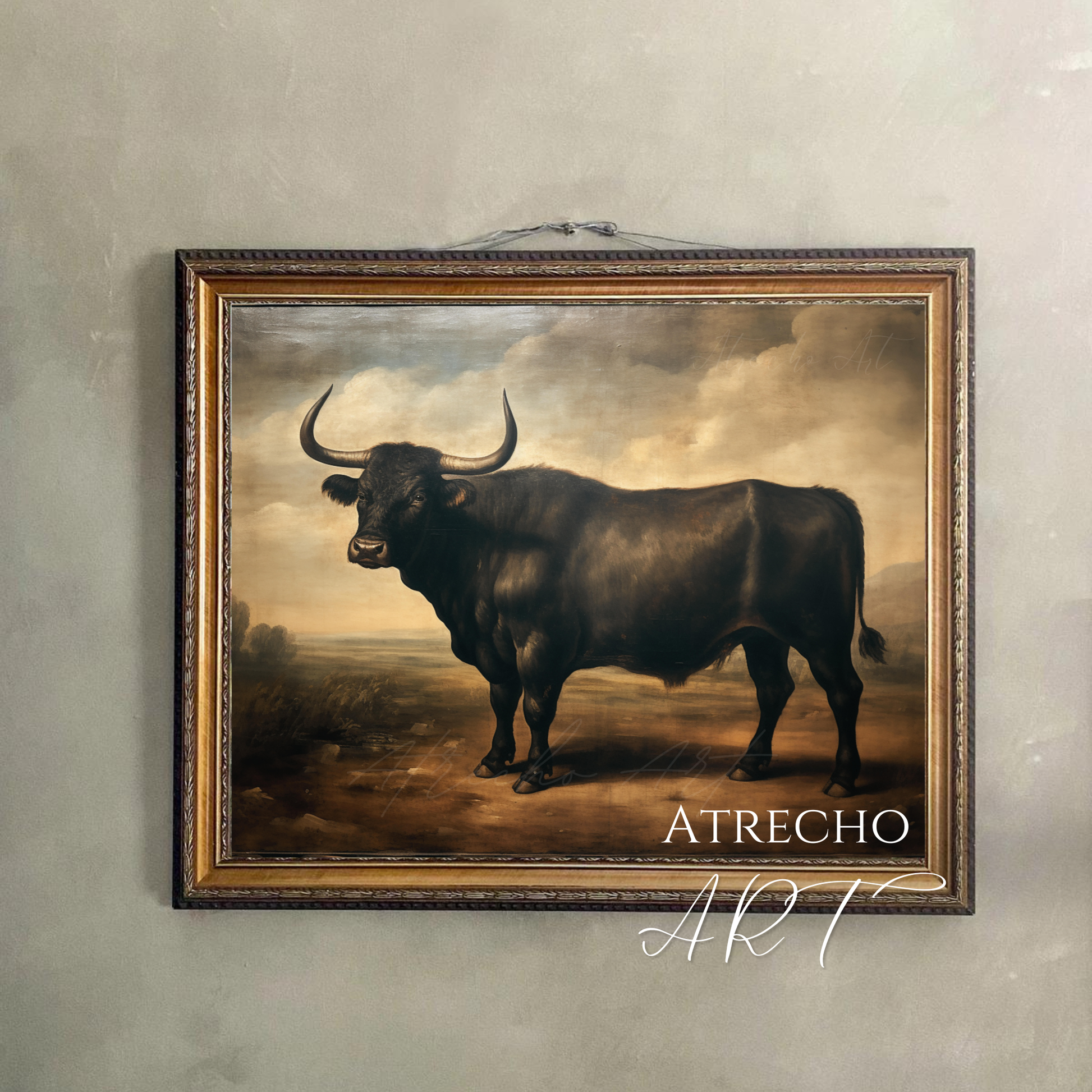 Classical black bull portrait oil painting with dramatic lighting in vintage frame, old world livestock artwork
