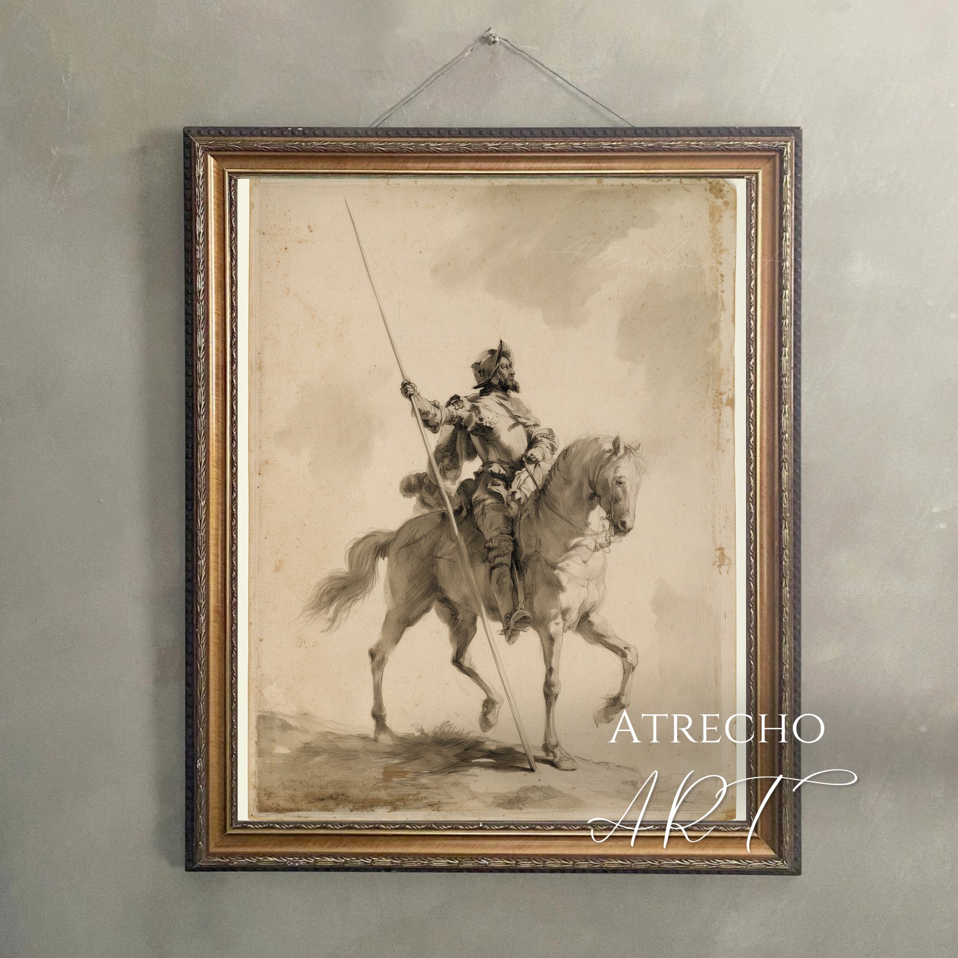 Don Quixote art print hung flush on a plaster wall, vertical Old Master equestrian drawing by Atrecho Art