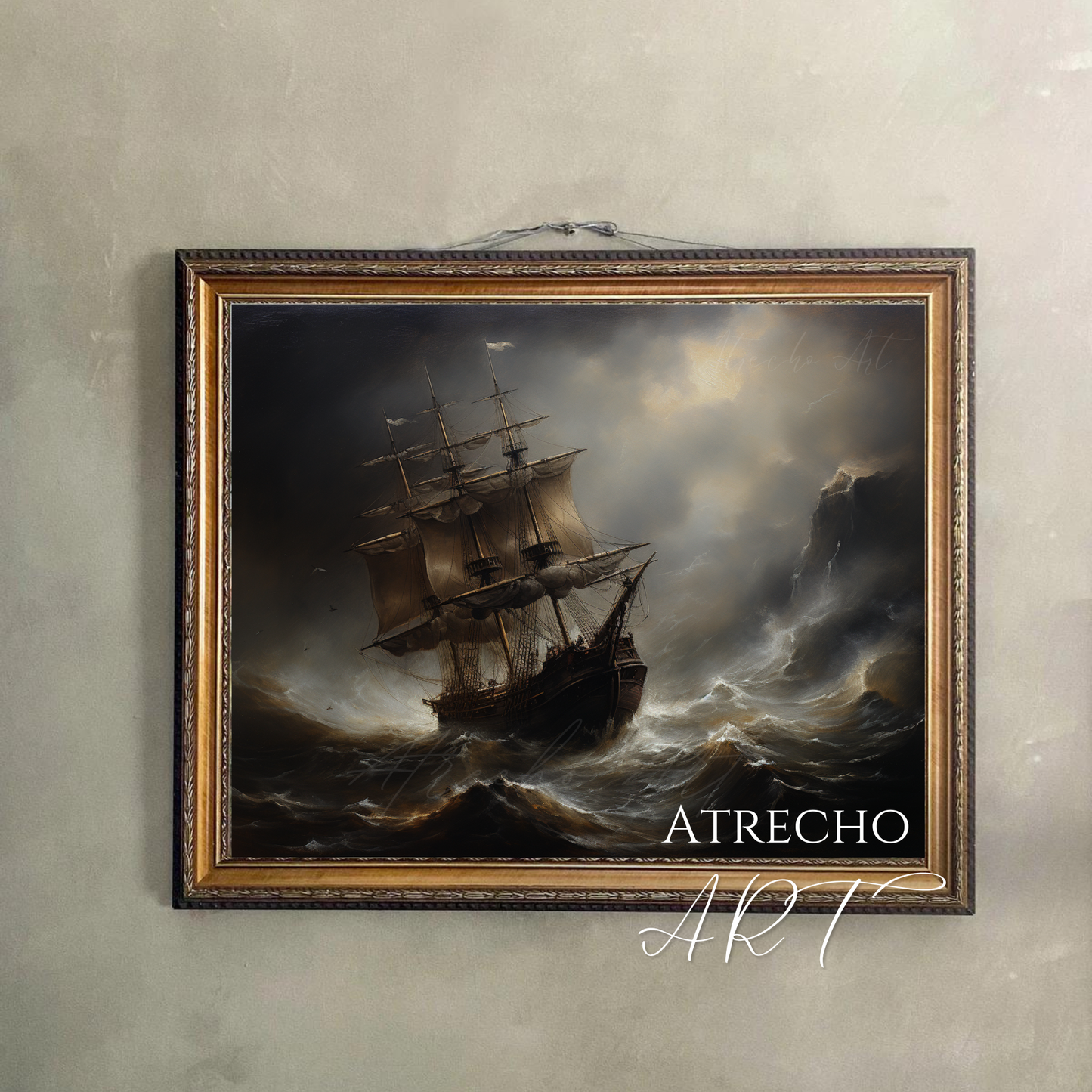 Dramatic stormy sea art print featuring Spanish galleon ship battling turbulent ocean waves under moody storm clouds with golden light breaking through