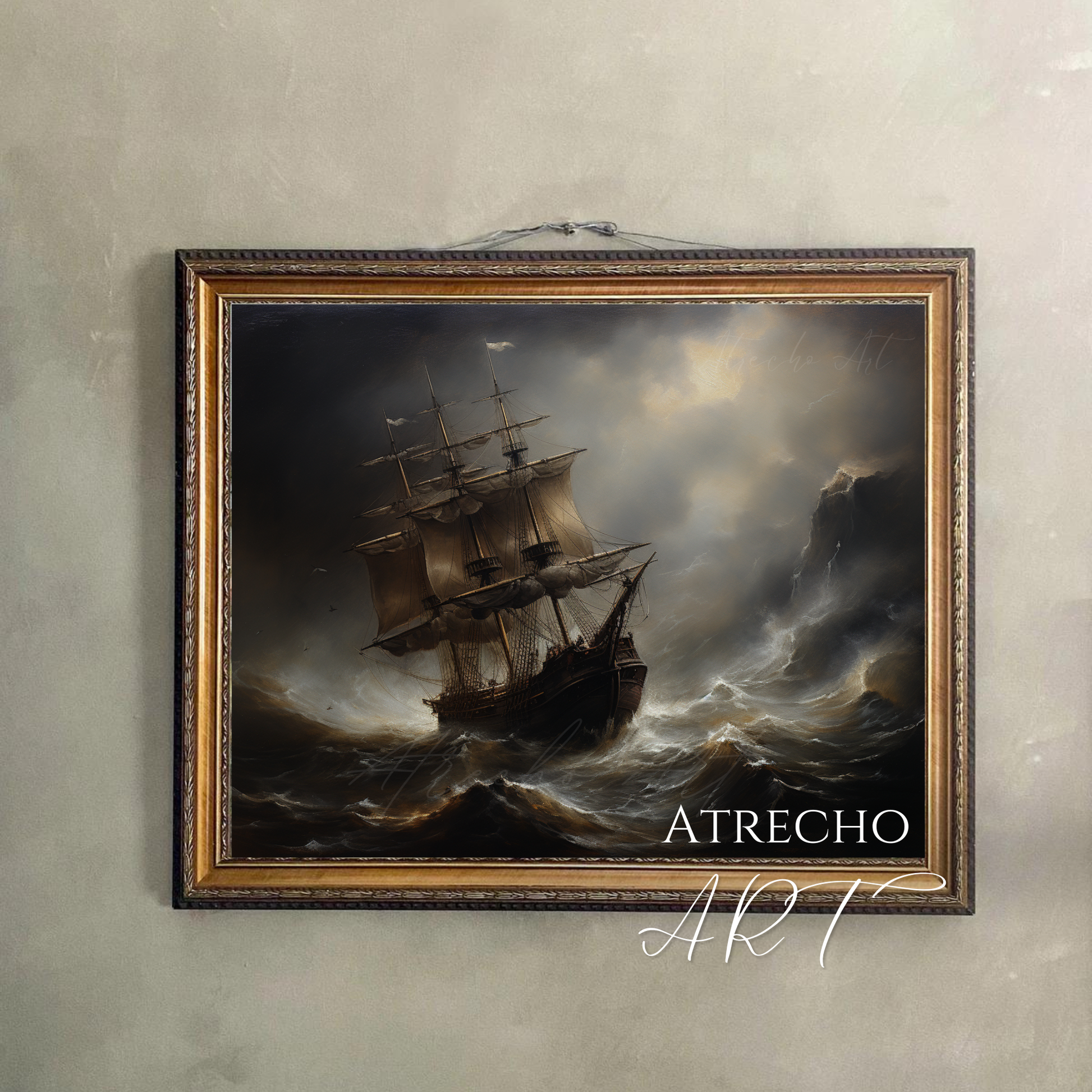 Dramatic stormy sea art print featuring Spanish galleon ship battling turbulent ocean waves under moody storm clouds with golden light breaking through